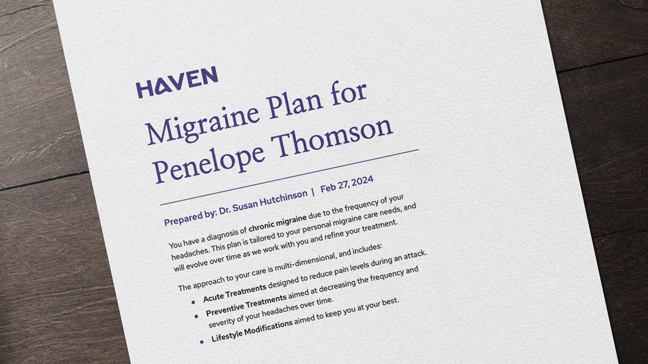 A printed Haven migraine plan for Penelope Thomson, prepared by Dr. Susan Hutchinson, placed on a wooden surface, detailing tailored treatment and prevention strategies.