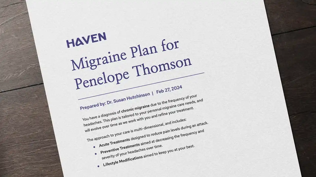 A document showing a personalized Migraine Plan for a patient, detailing prevention and treatment strategies
