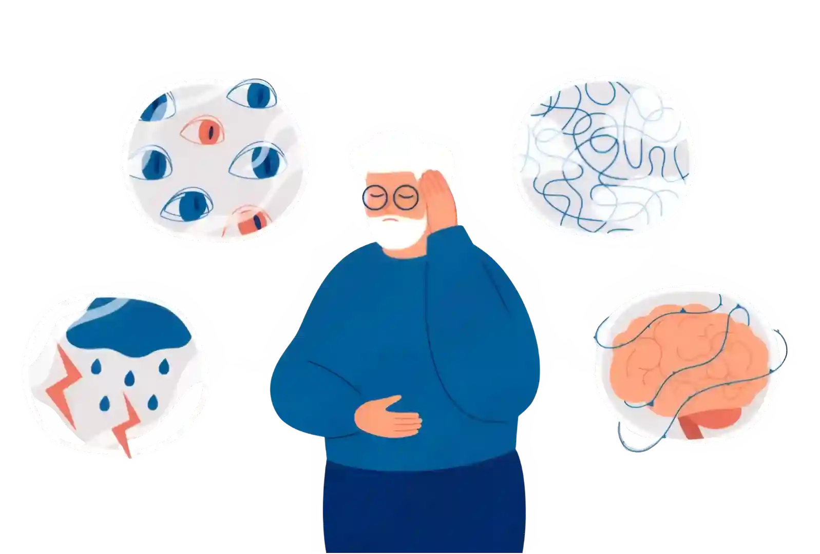 Illustration of a person holding their head in pain, surrounded by abstract migraine symptom icons.