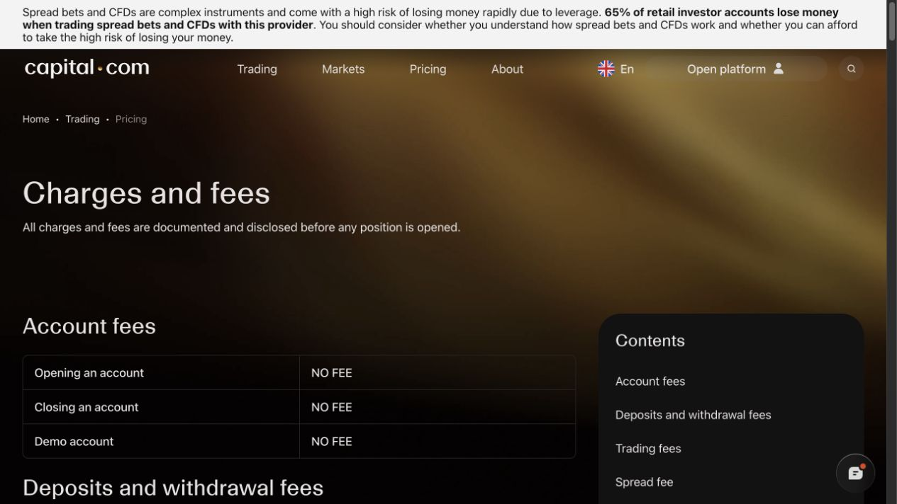 Capital.com UK fees overview. Source capture: 14 August 2026.