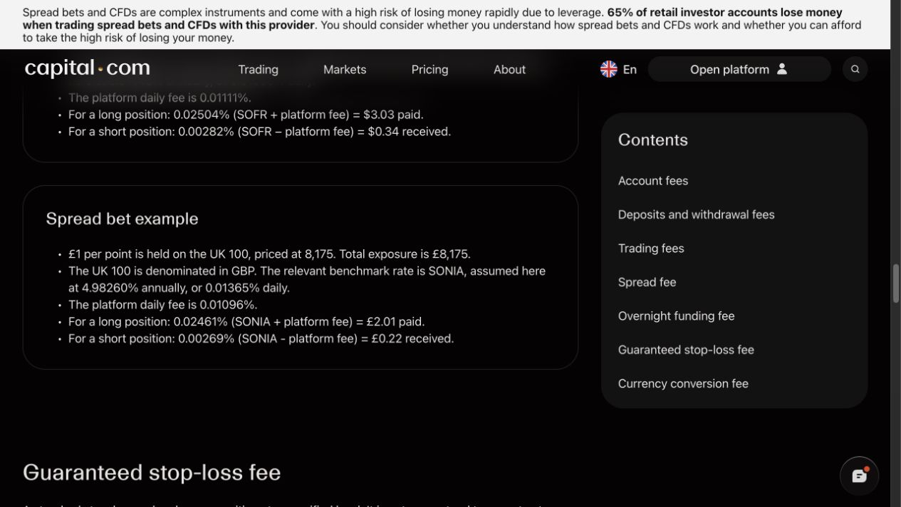 Capital.com UK 100 spread-bet worked example. Source capture: 14 August 2026; the example uses historical prices and funding assumptions.