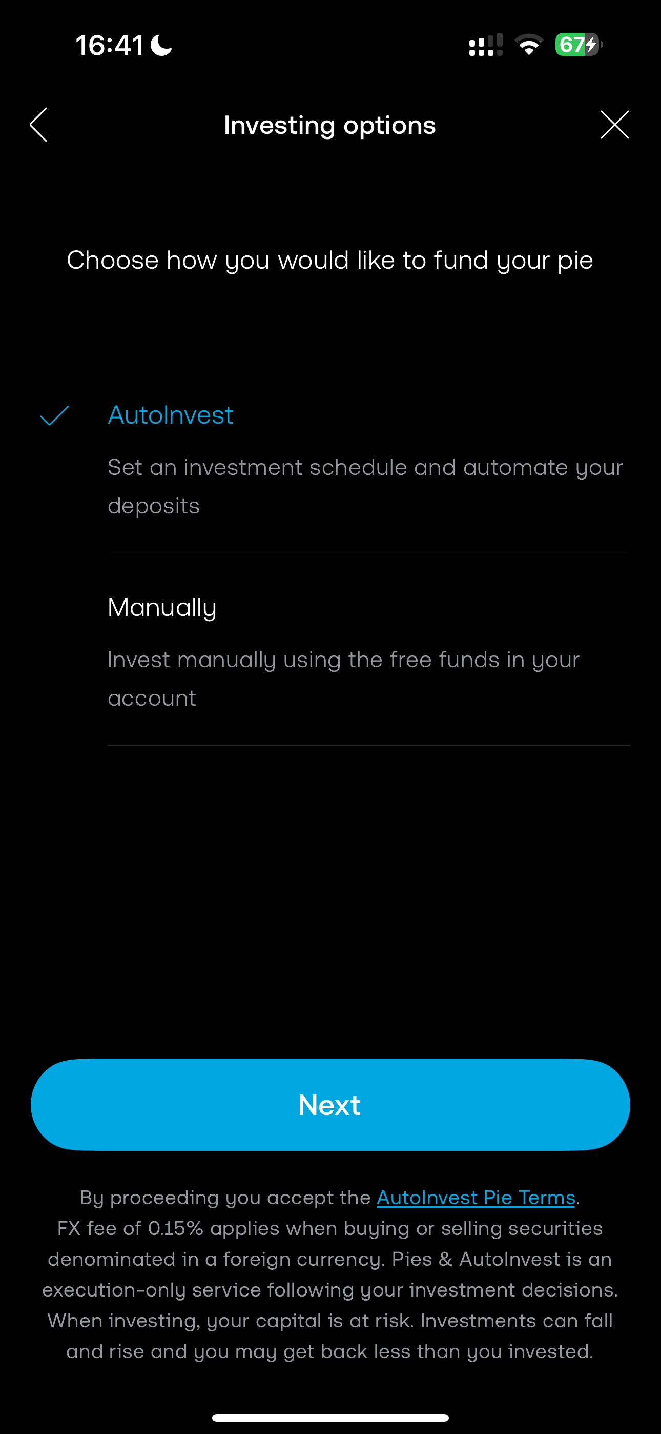 Trading 212 AutoInvest feature showing recurring investment setup with deposit schedule and automatic portfolio rebalancing options
