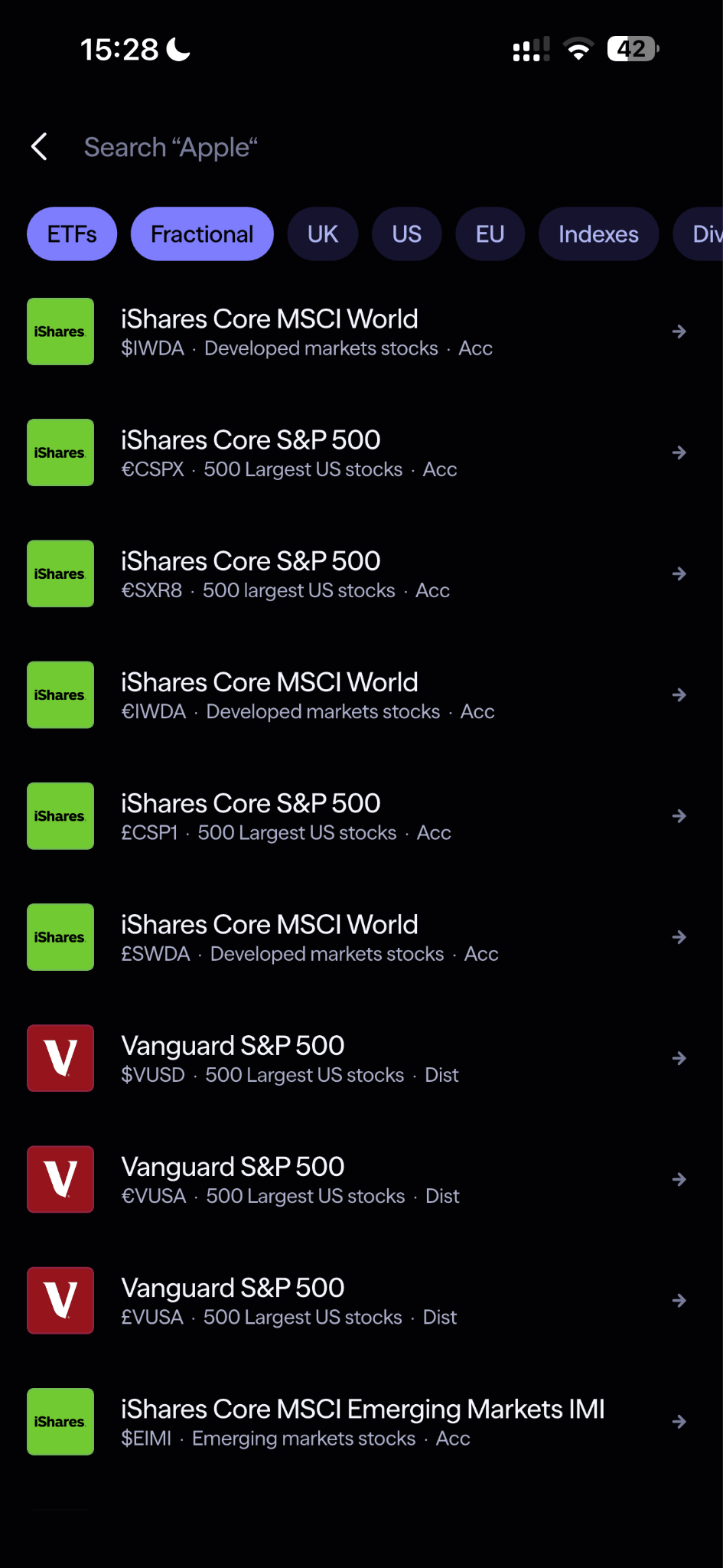 Lightyear ETF Search showing iShares Core MSCI World, S&P 500, and other popular ETFs with fractional trading