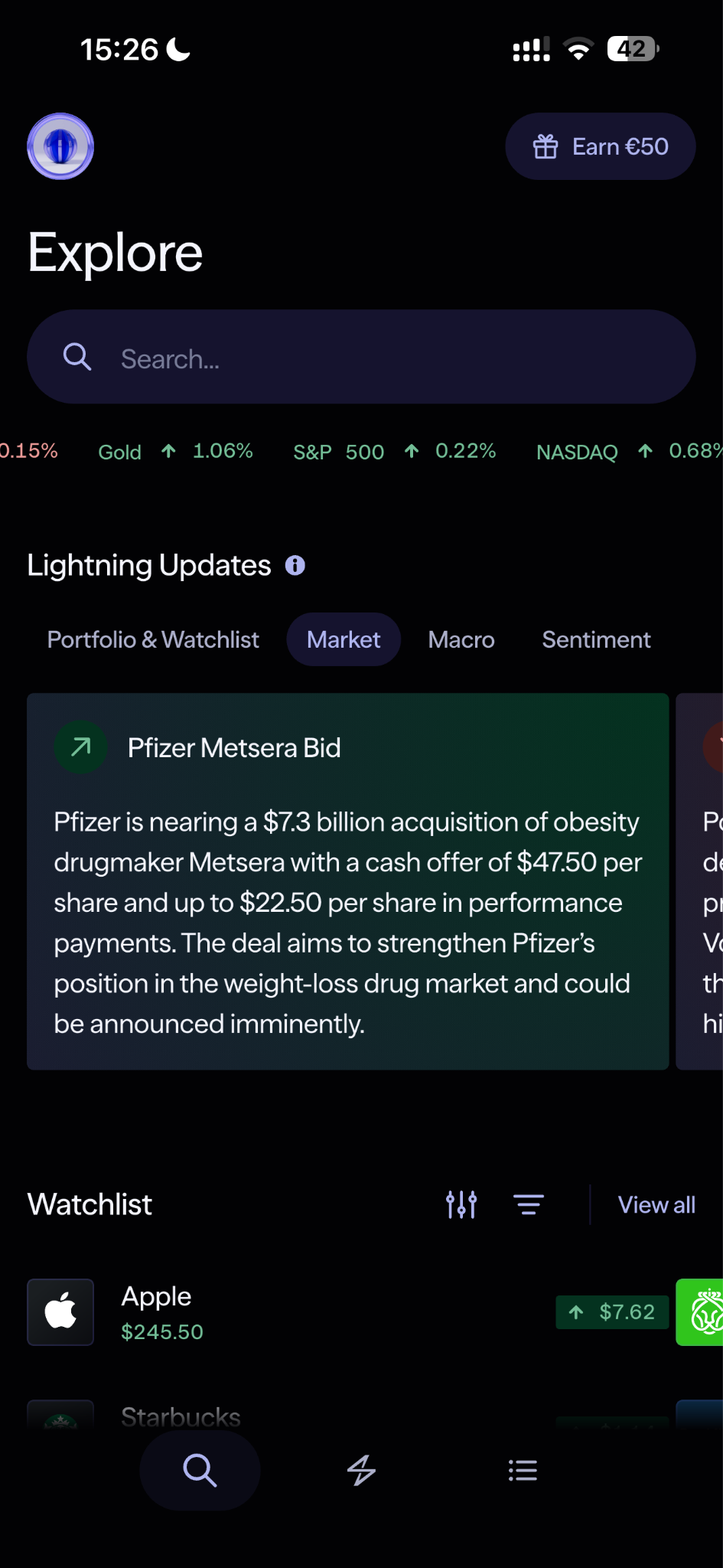 Lightyear Explore page with Lightning Updates showing AI-powered market news about Pfizer Metsera acquisition