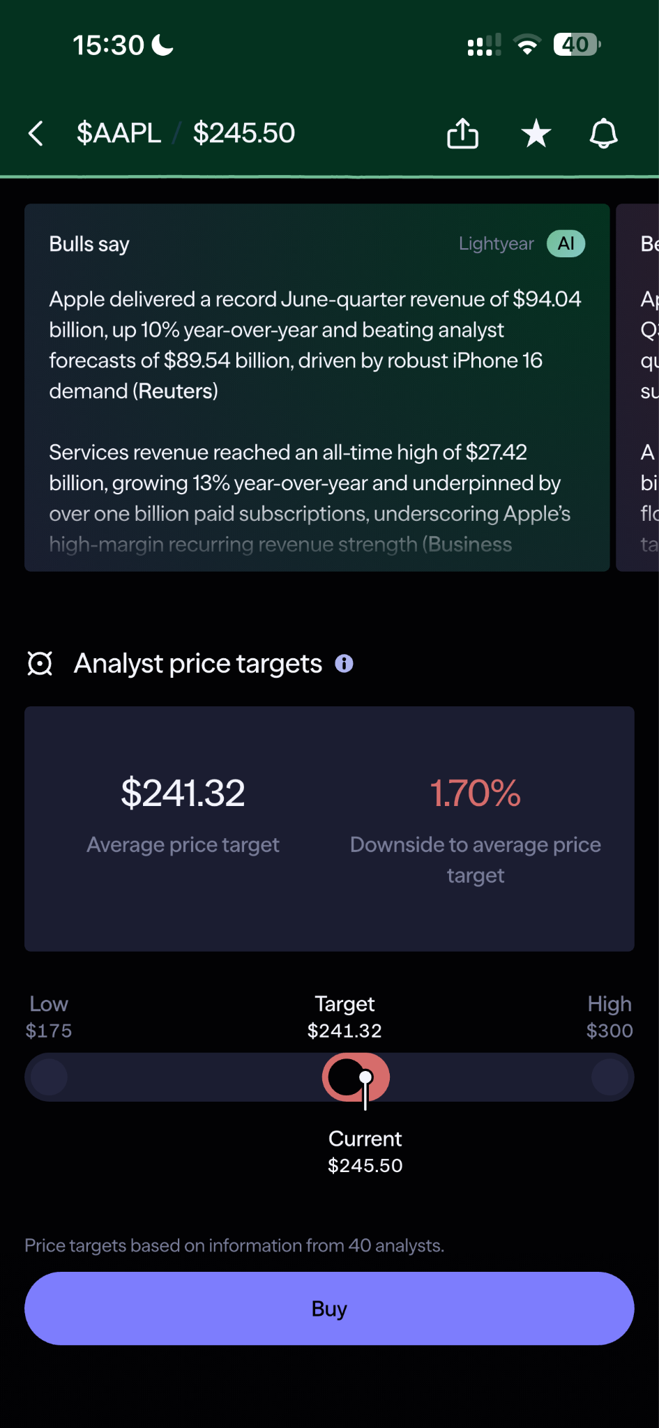 Lightyear Apple stock page showing Bulls Say AI analysis with analyst price targets and market insights