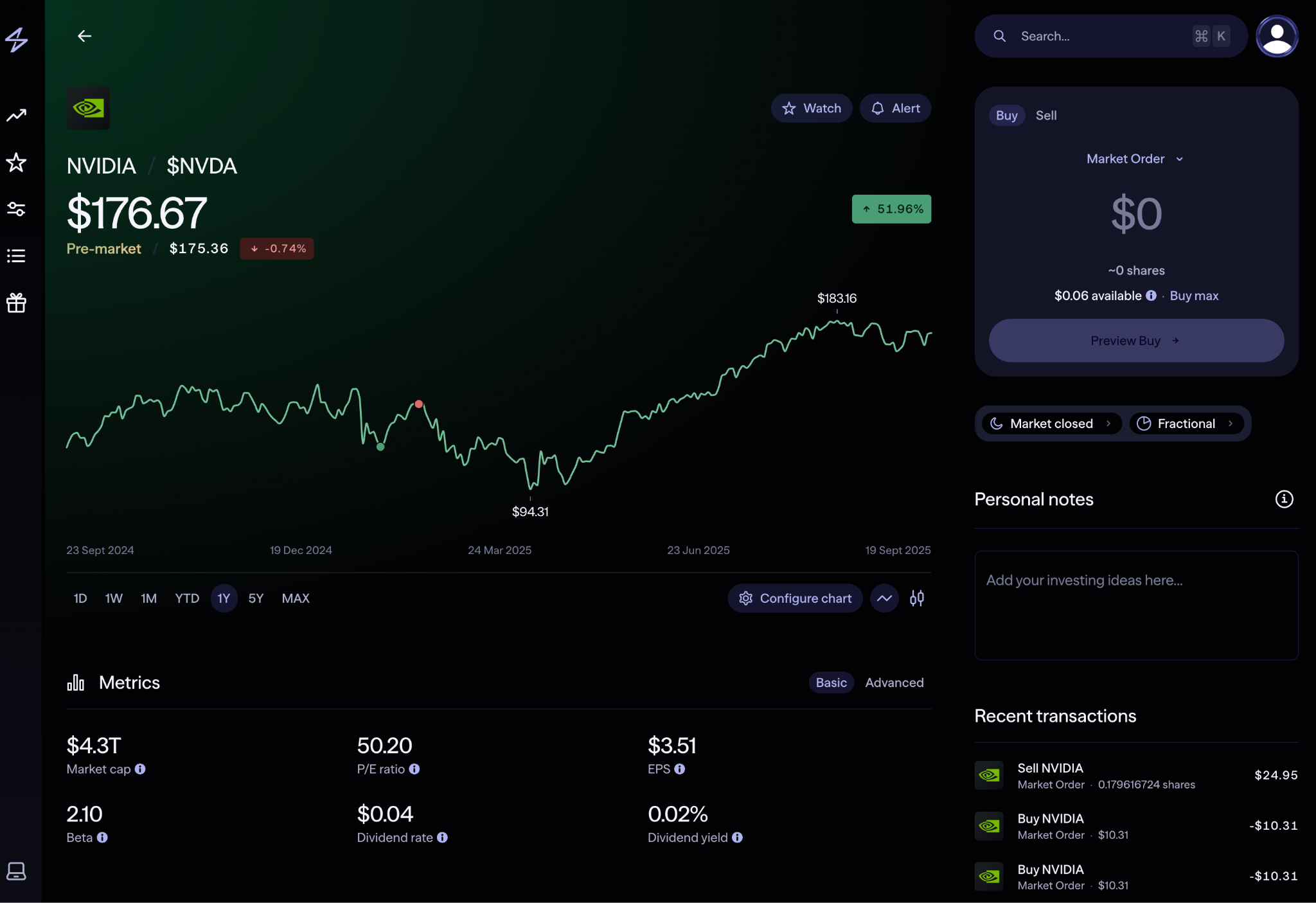 Lightyear Desktop Platform showing NVIDIA stock page with price chart, metrics, and trading interface