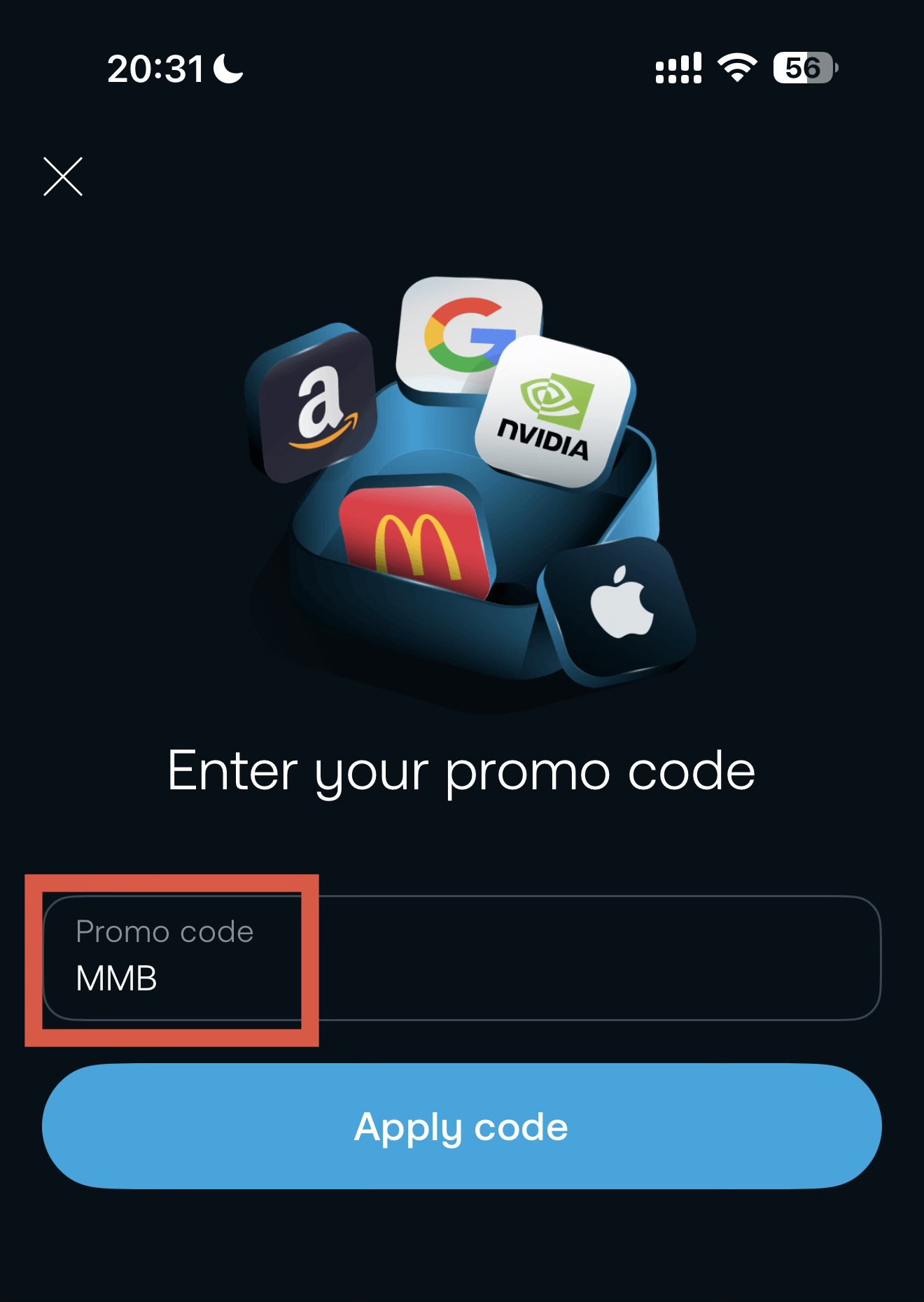 Trading 212 promo code entry screen showing MMB code entered