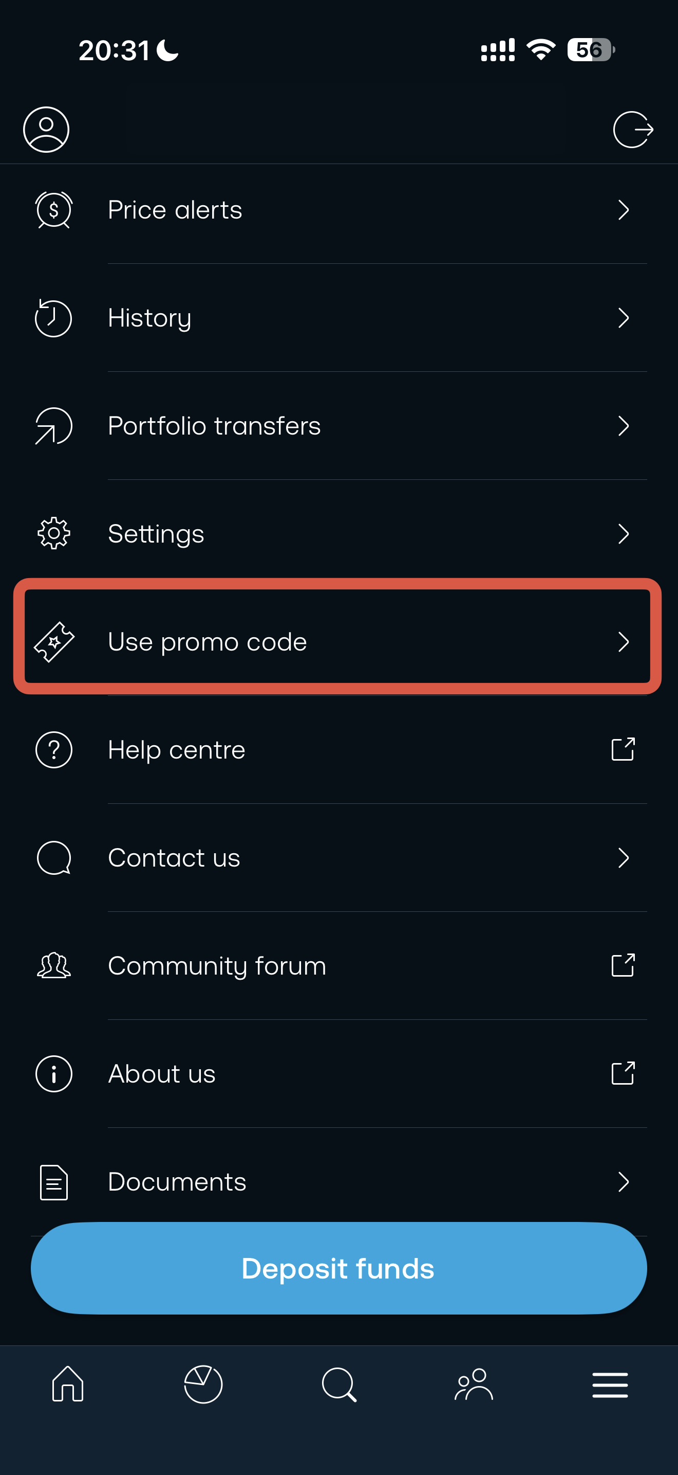 Trading 212 app menu with Use promo code option highlighted