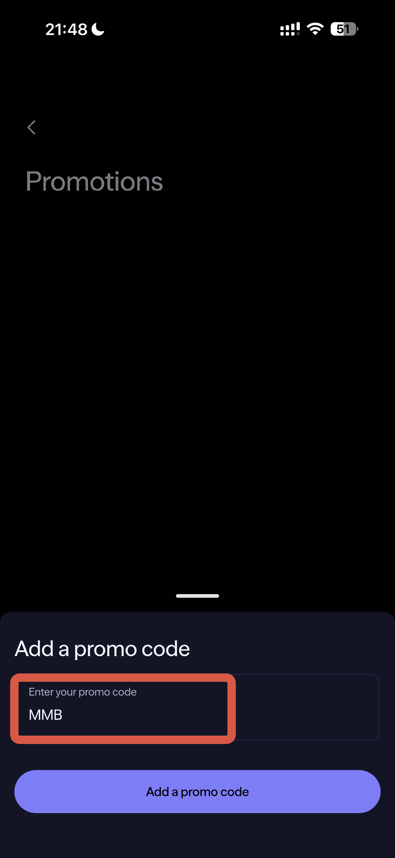 Lightyear promo code entry screen with MMB code entered in the input field ready to apply