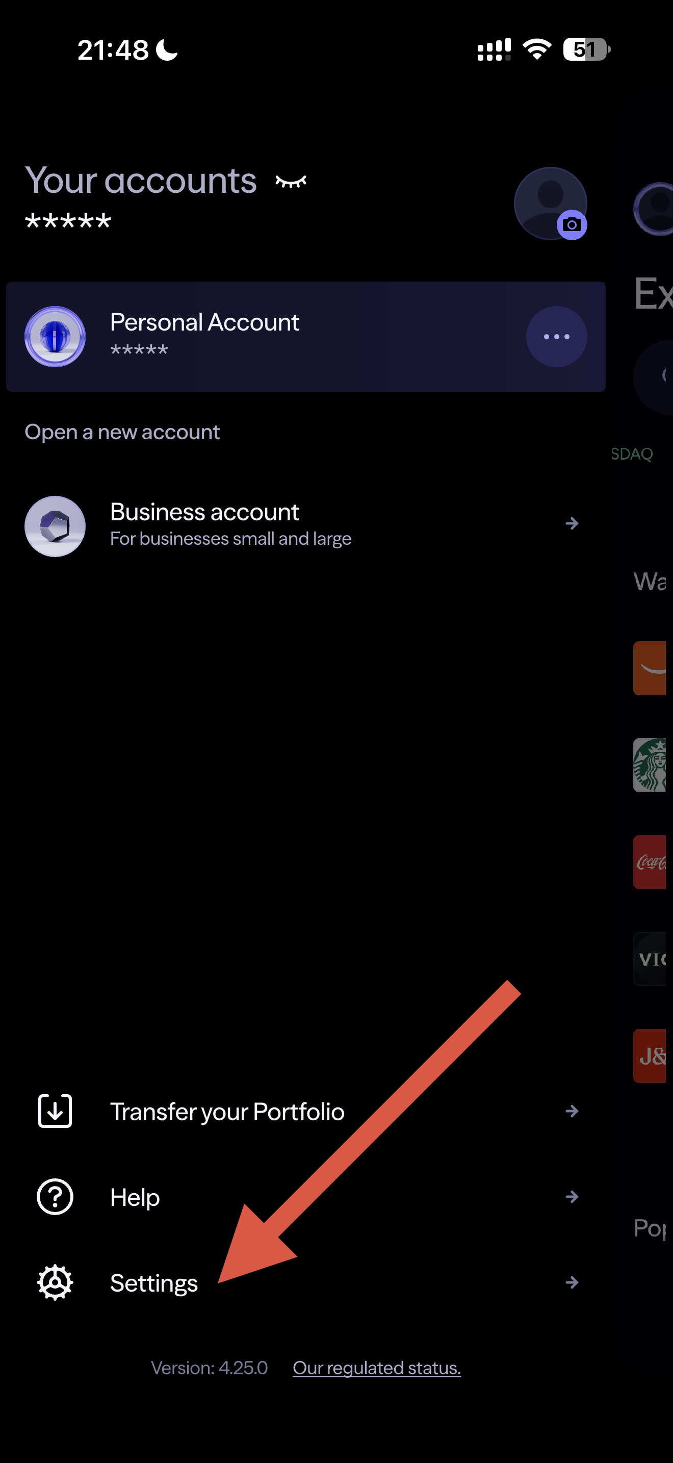 Lightyear app account menu showing Settings option at the bottom of the screen for EU users