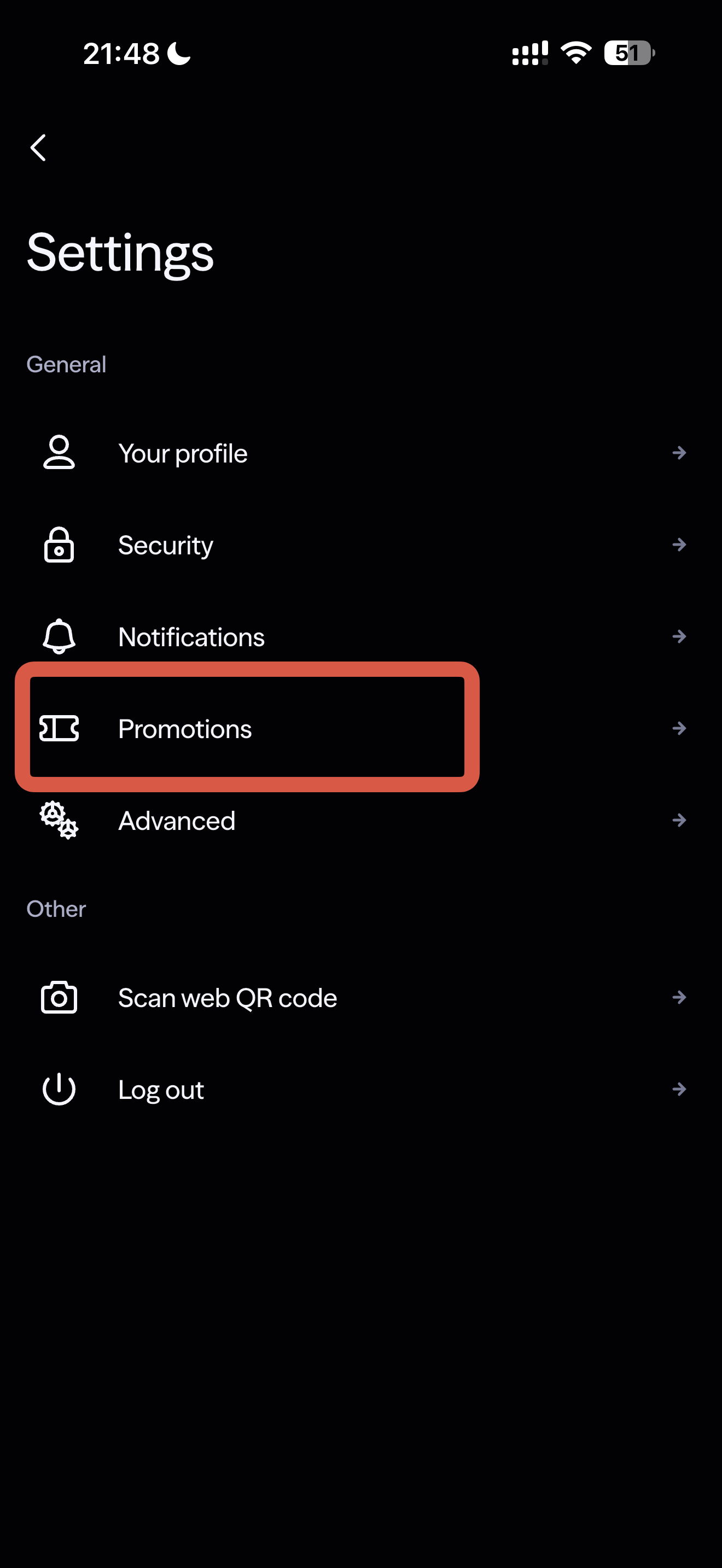 Lightyear Settings screen showing Promotions option highlighted for entering promo codes in the EU app