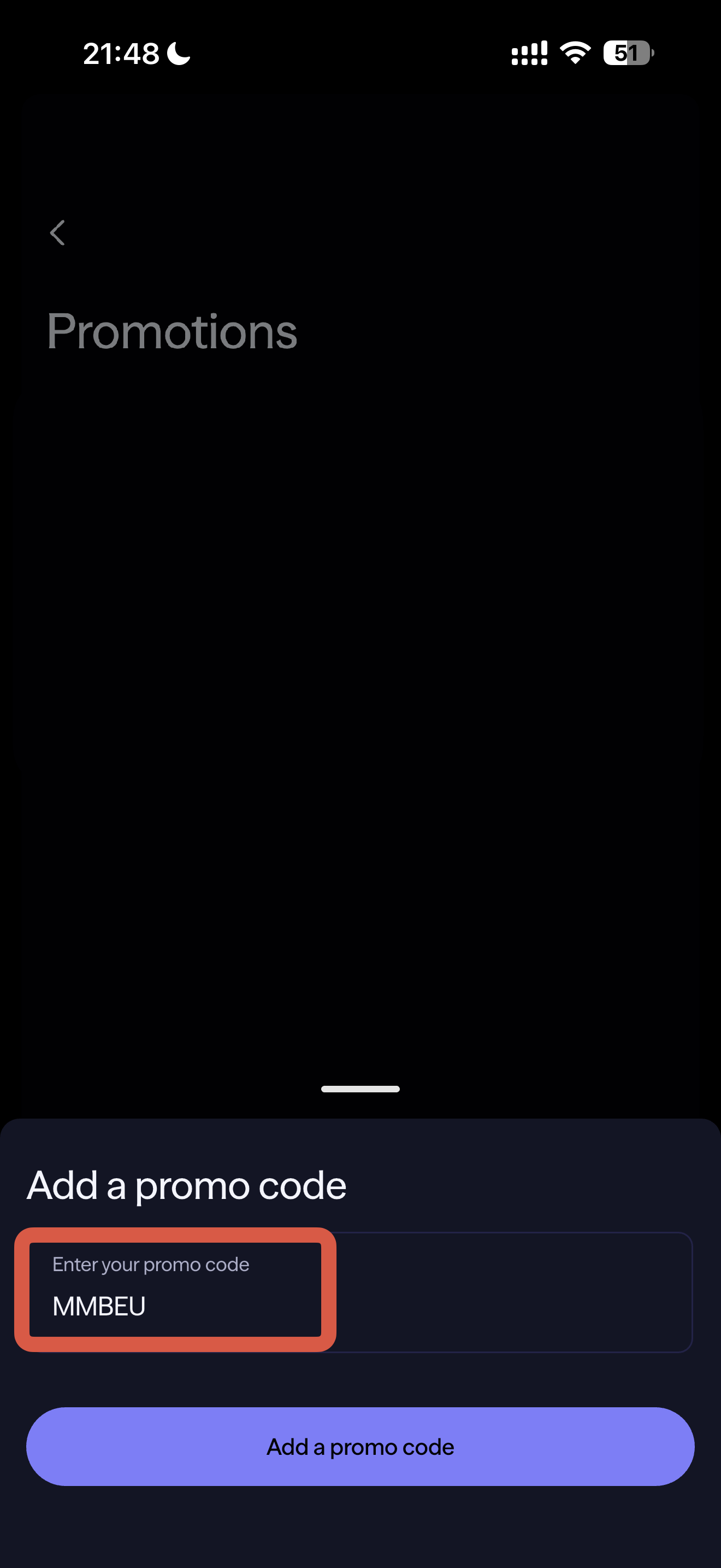 Lightyear promo code entry screen showing MMBEU code entered in the input field ready to apply for EU bonus
