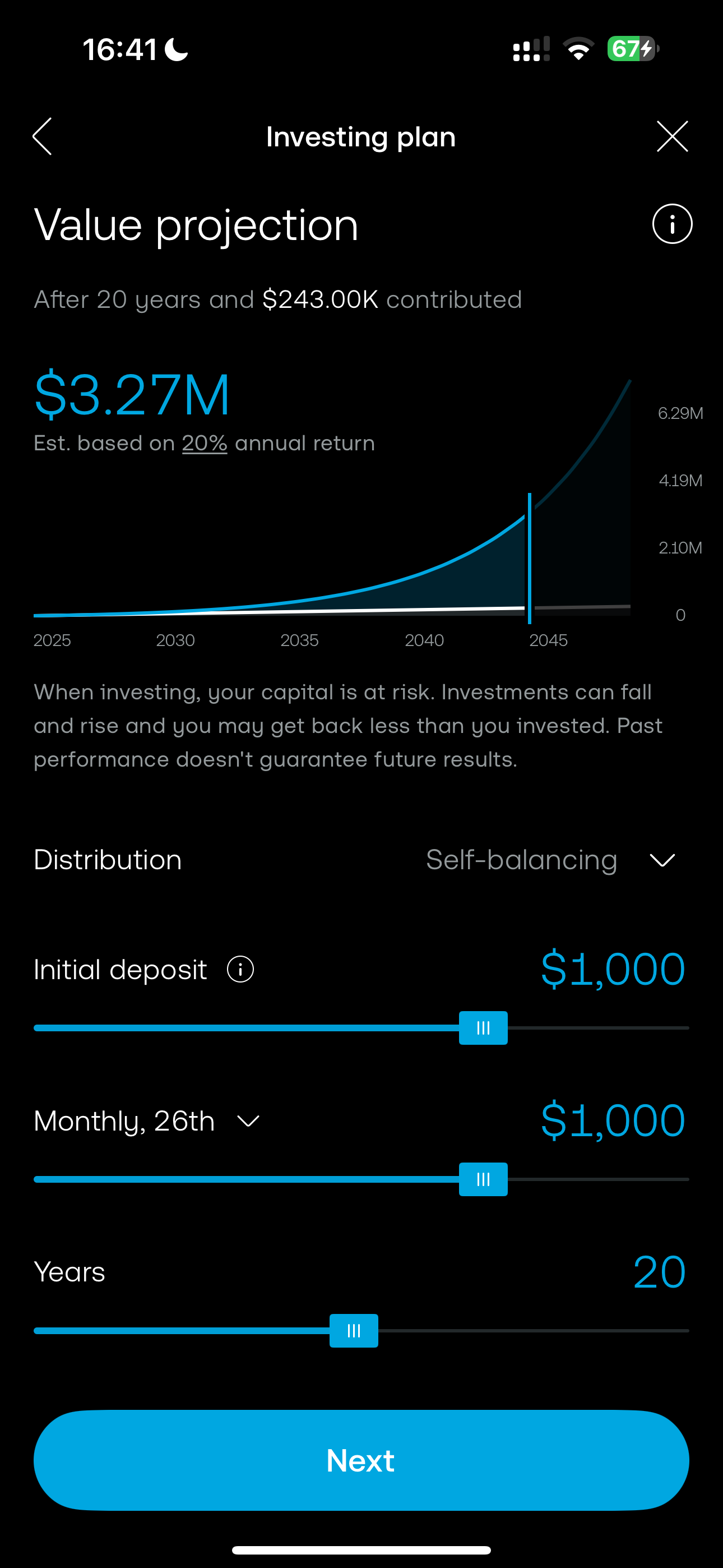 Trading 212 pie projection tool showing estimated portfolio growth over time