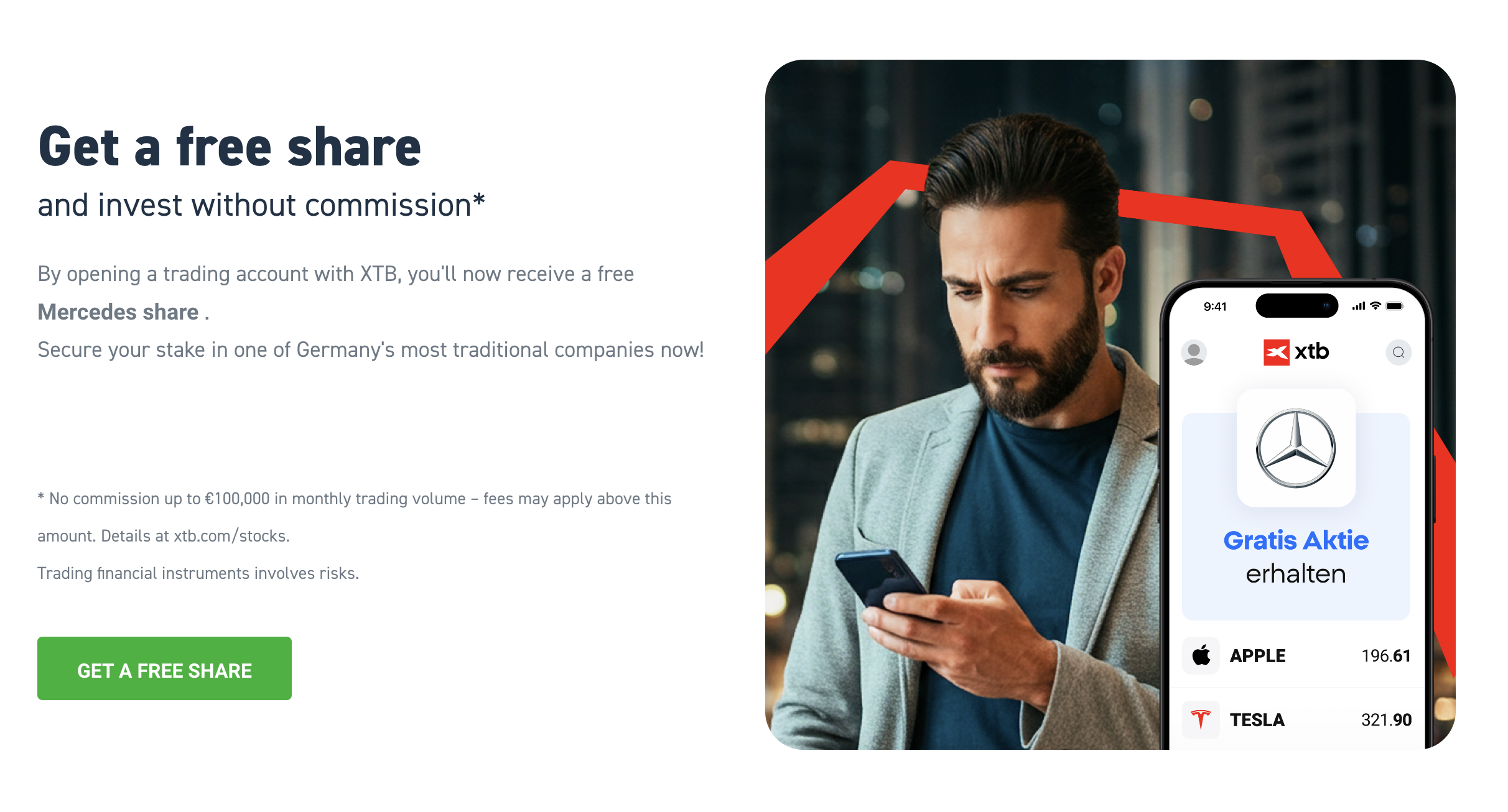 XTB free stock promotion showing a Mercedes-Benz share credited to a new account as part of the welcome bonus offer