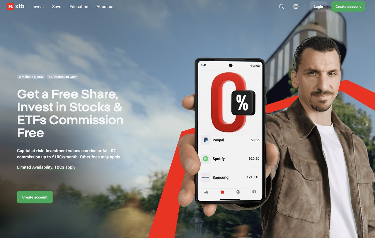 XTB Homepage 2026 showing commission-free stocks and ETFs trading platform
