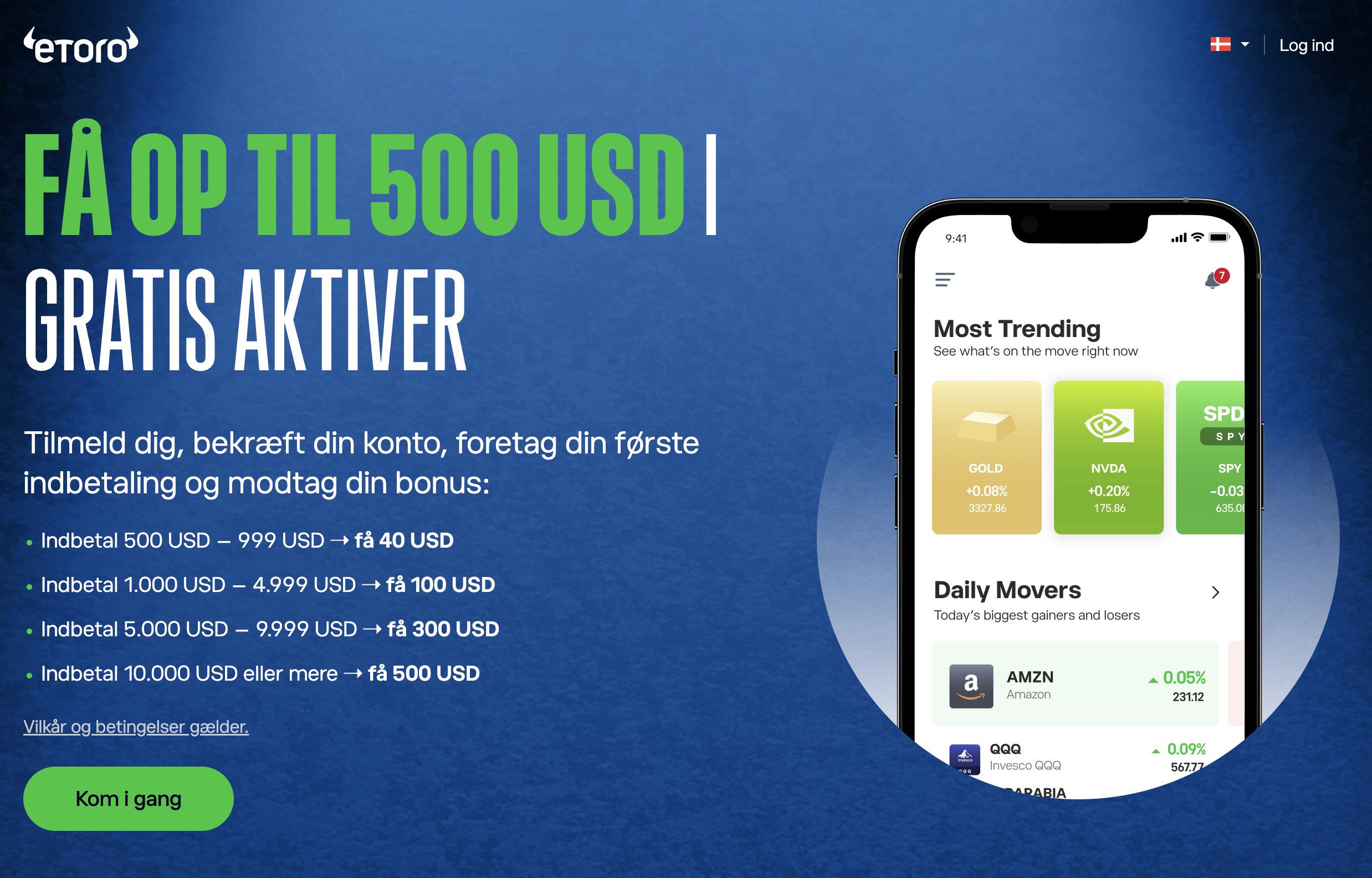 eToro Danmark bonus-side - Få op til 500 USD i gratis aktiver for danske investorer