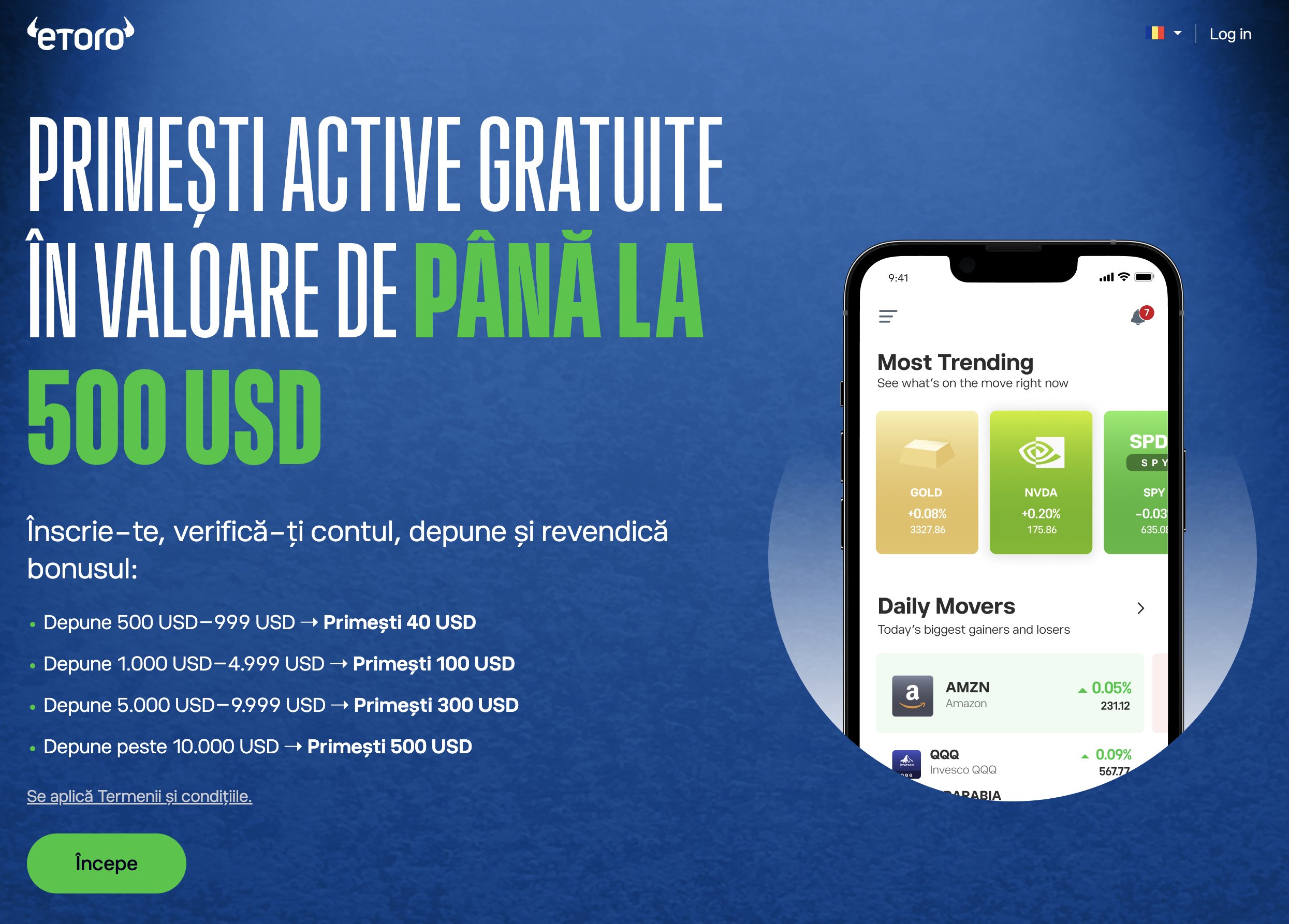 eToro Romania bonus - Primesti active gratuite in valoare de pana la 500 USD pentru investitorii romani