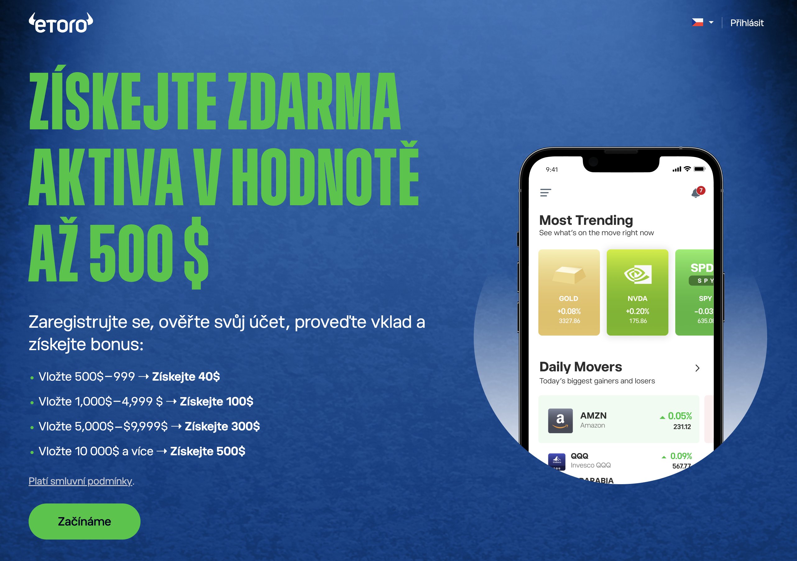 eToro Cesko bonus - Ziskejte zdarma aktiva v hodnote az 500 $ pro ceske investory