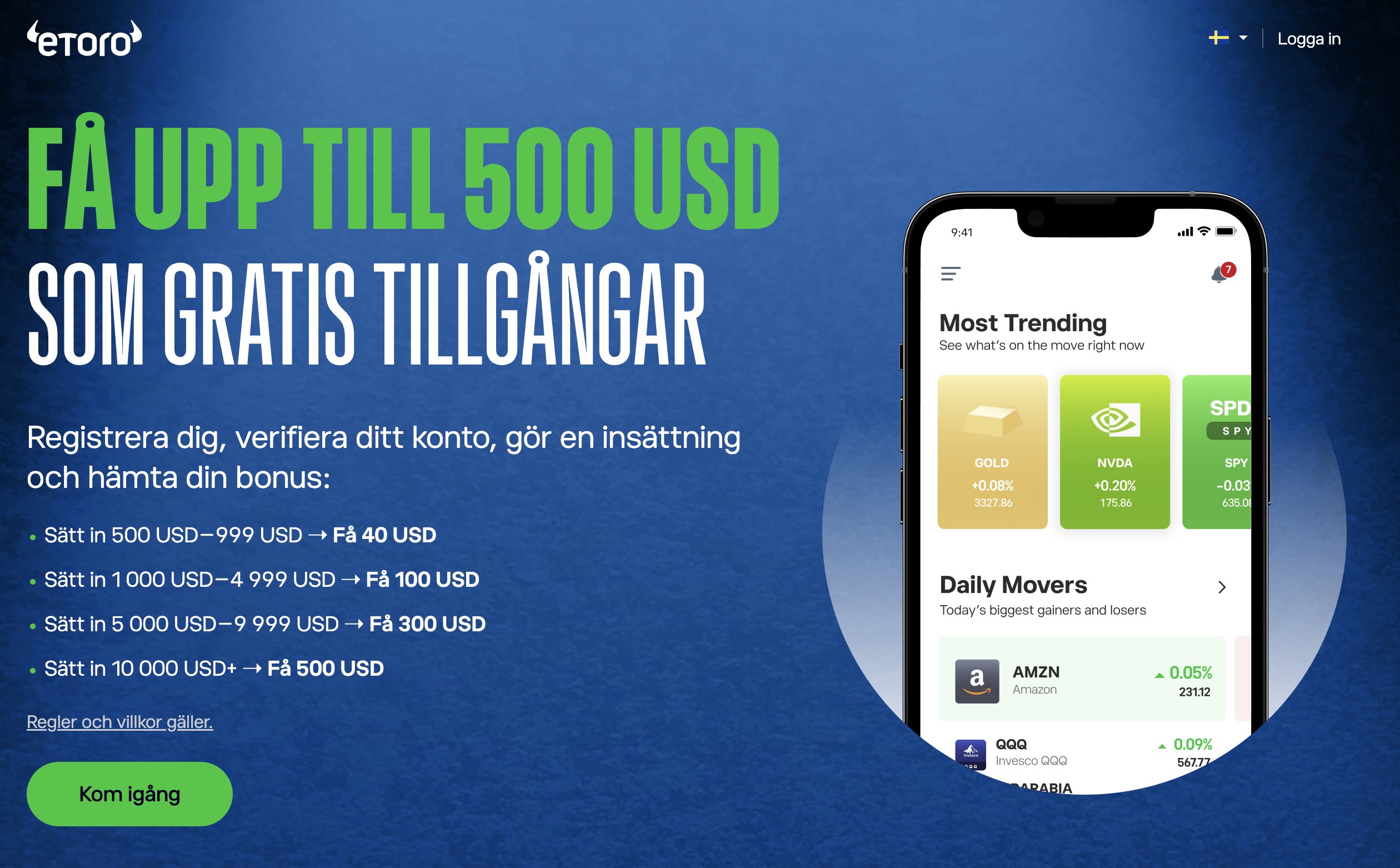 eToro svensk landningssida som visar bonuserbjudandet upp till 500 USD i gratis tillg&aring;ngar