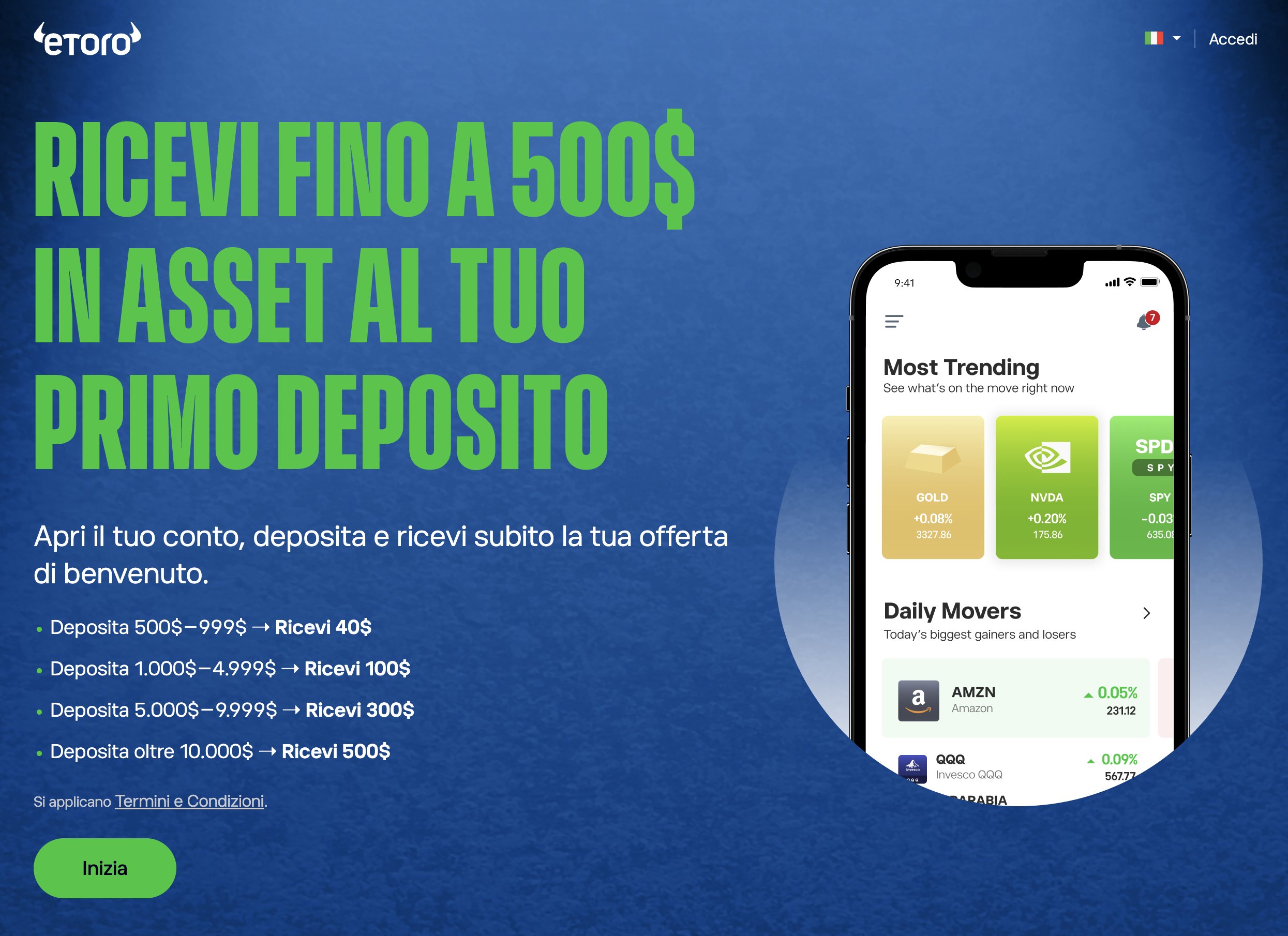 eToro Bonus Italia - Ricevi fino a $500 in asset gratuiti, promozione ufficiale per investitori italiani