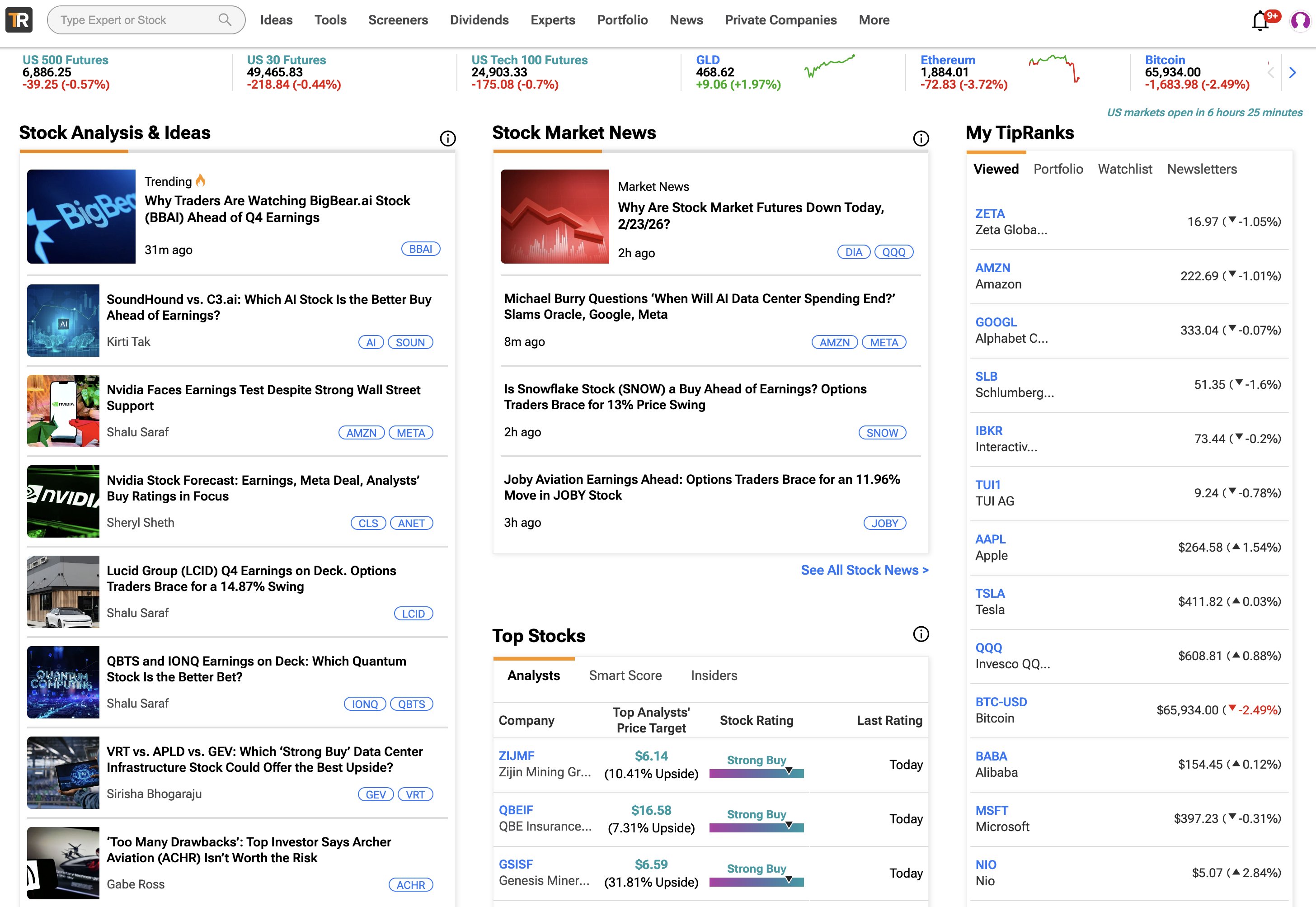 TipRanks Premium dashboard showing news feed, top smart score stocks, and portfolio overview