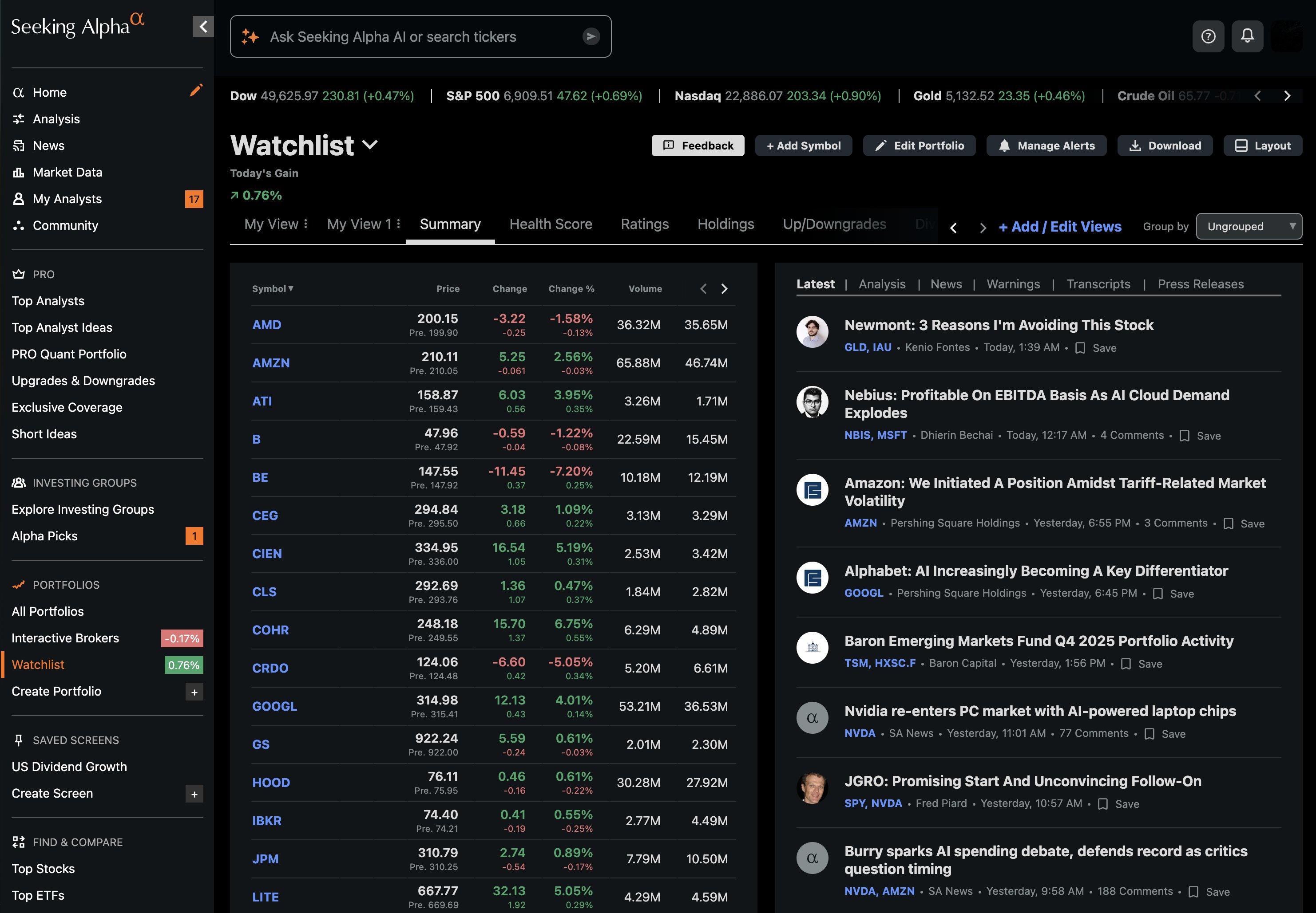 Seeking Alpha watchlist showing portfolio holdings with quant ratings, alert settings, and dividend data