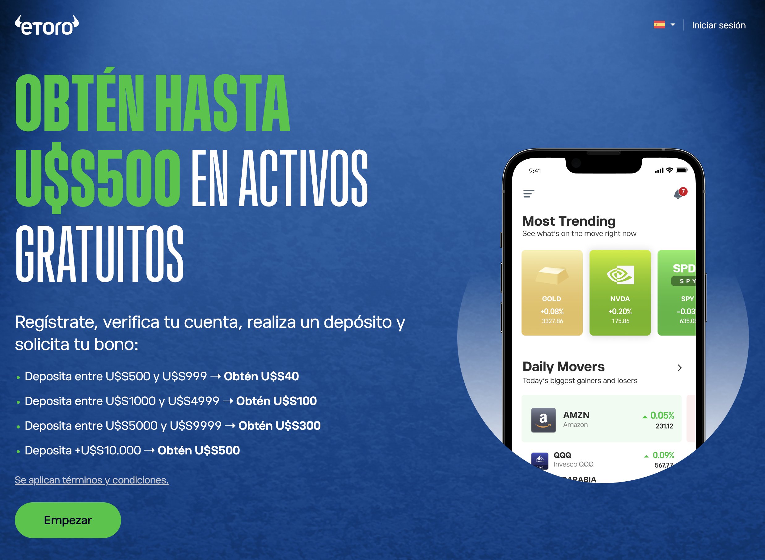Pagina de eToro en espanol mostrando la oferta de bono de hasta $500 en activos gratuitos
