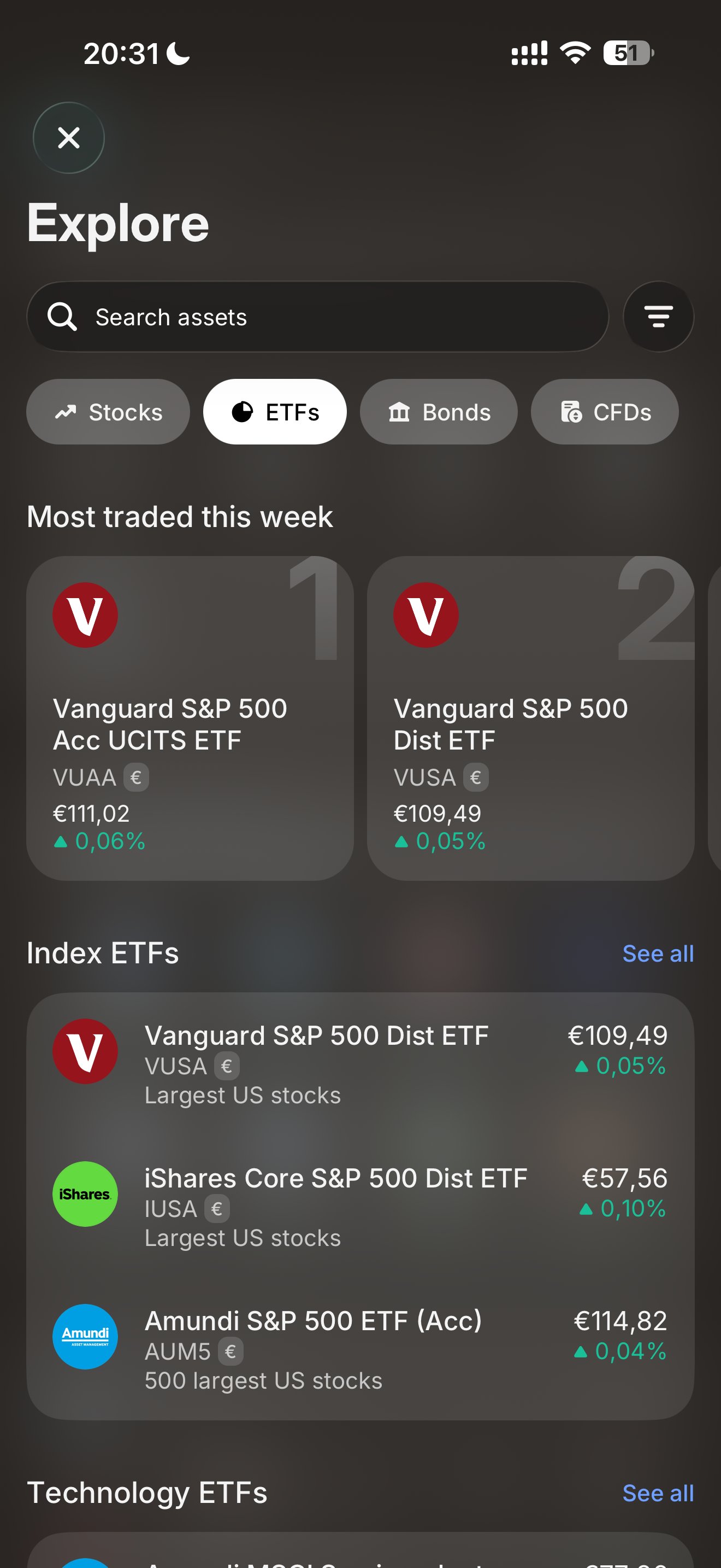 Revolut mobile app Explore page showing ETF categories including most traded Vanguard and iShares S&P 500 ETFs with current prices