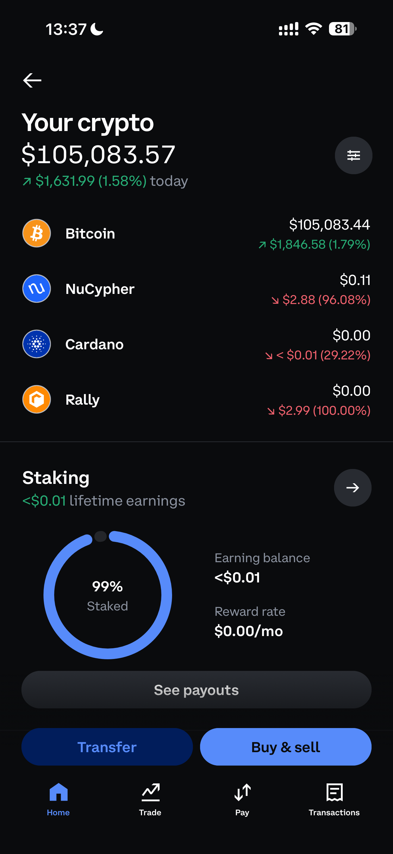 Coinbase Simple app portfolio showing $105,083 crypto balance with Bitcoin, NuCypher and Cardano holdings