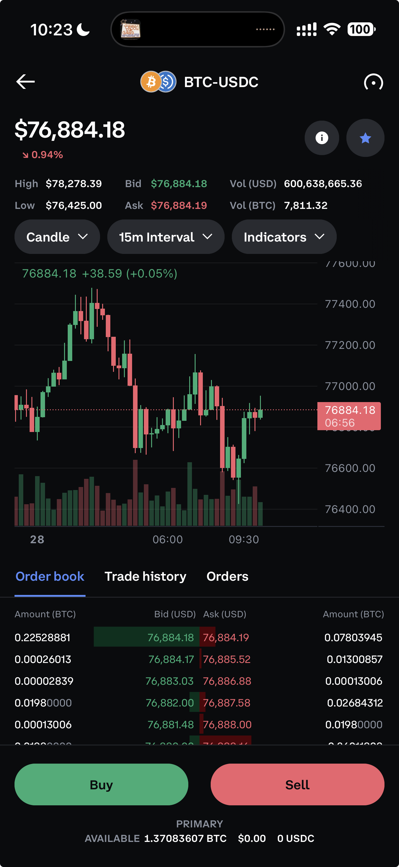 Coinbase Advanced trading interface showing BTC-USDC pair with candle chart, order book and live bids and asks