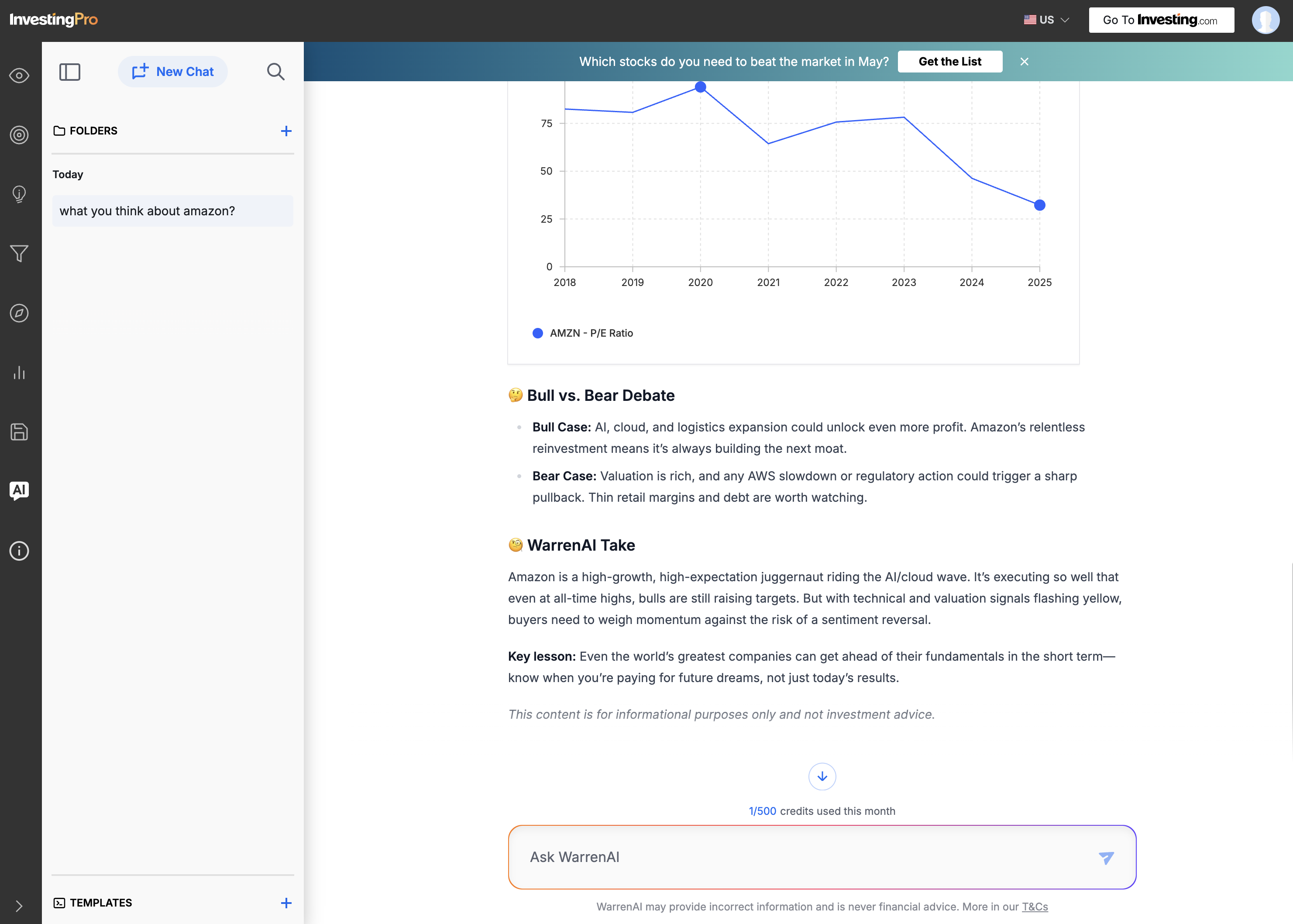 WarrenAI chat interface showing AI-generated bull and bear case for Amazon with credit usage counter