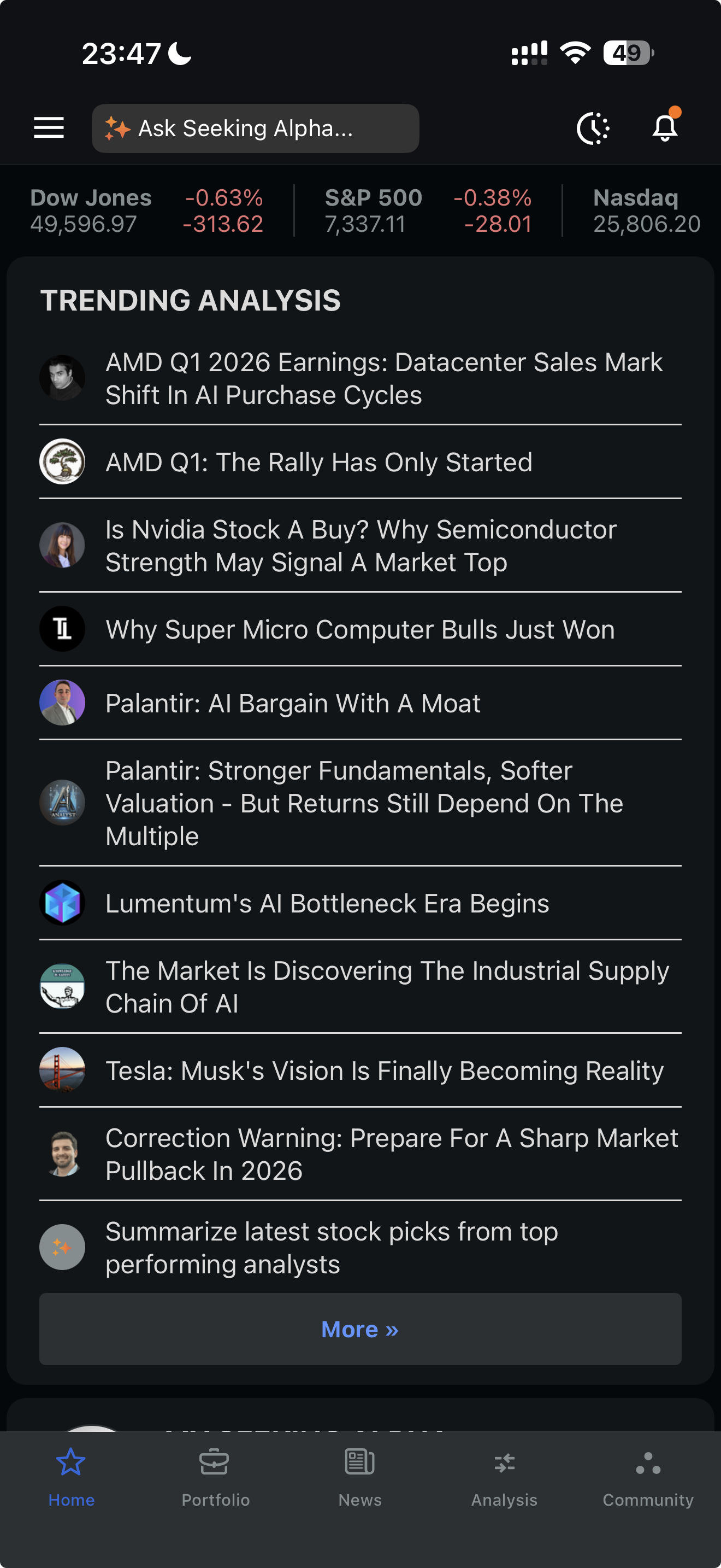 Seeking Alpha mobile app trending analysis feed with AMD earnings, Nvidia, Palantir, Tesla and other recent stock takes