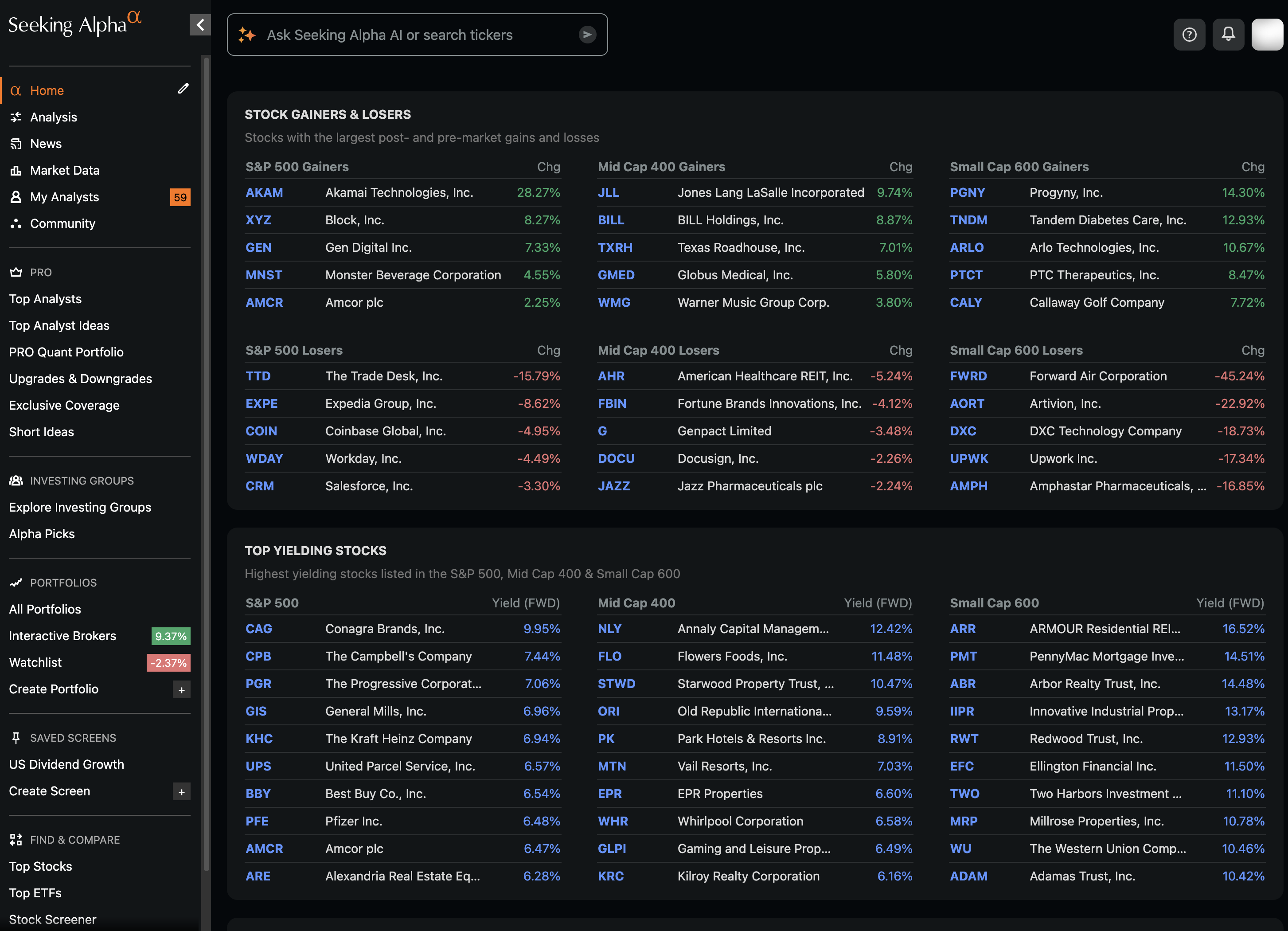 Seeking Alpha desktop view of market data showing stock gainers and losers across S&P 500 and mid cap and small cap, plus top yielding stocks