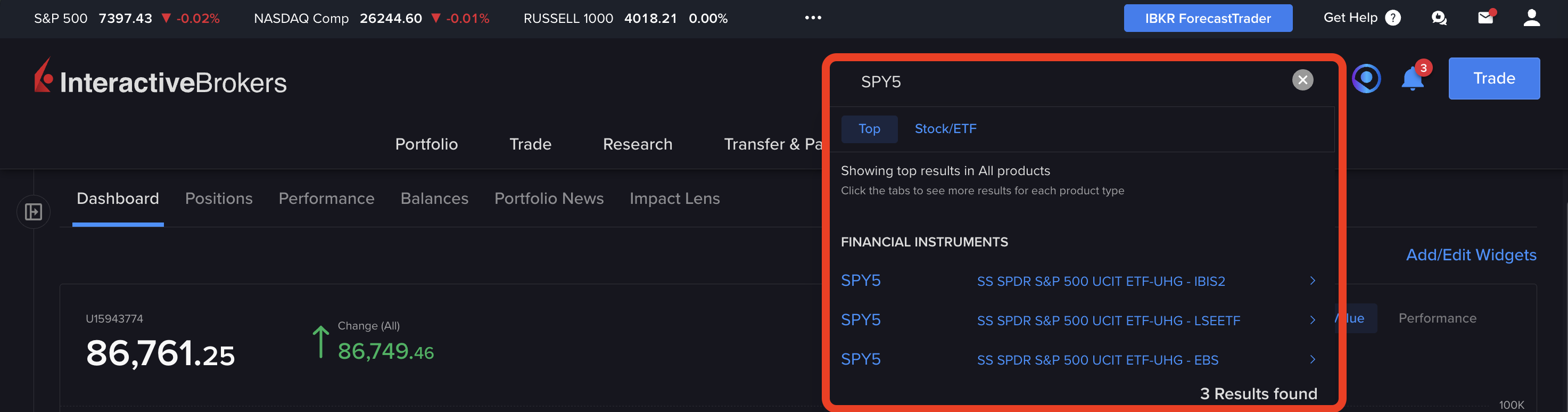 Interactive Brokers search results showing SPY5 listed on three exchanges: IBIS2, LSEETF and EBS