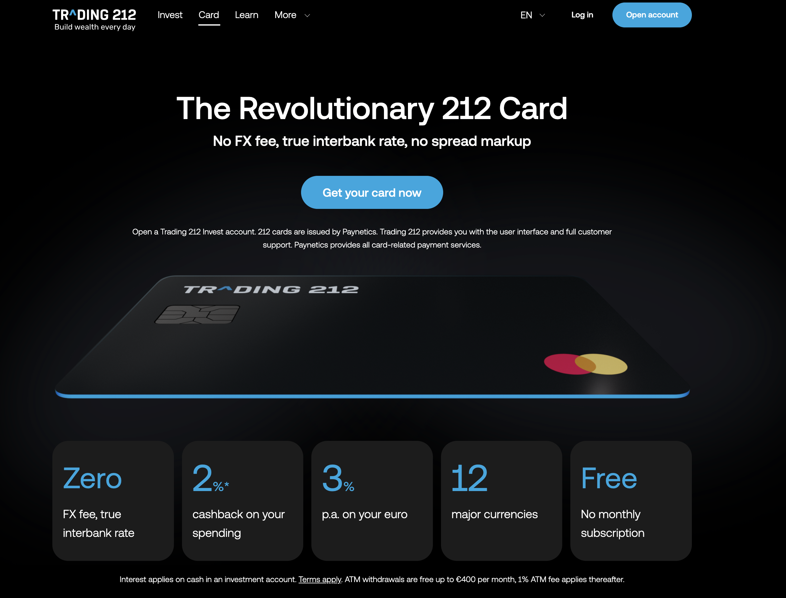 Trading 212 Card landing page: Zero FX fee, 2% cashback, 3% p.a. on euro, 12 major currencies, free no monthly subscription