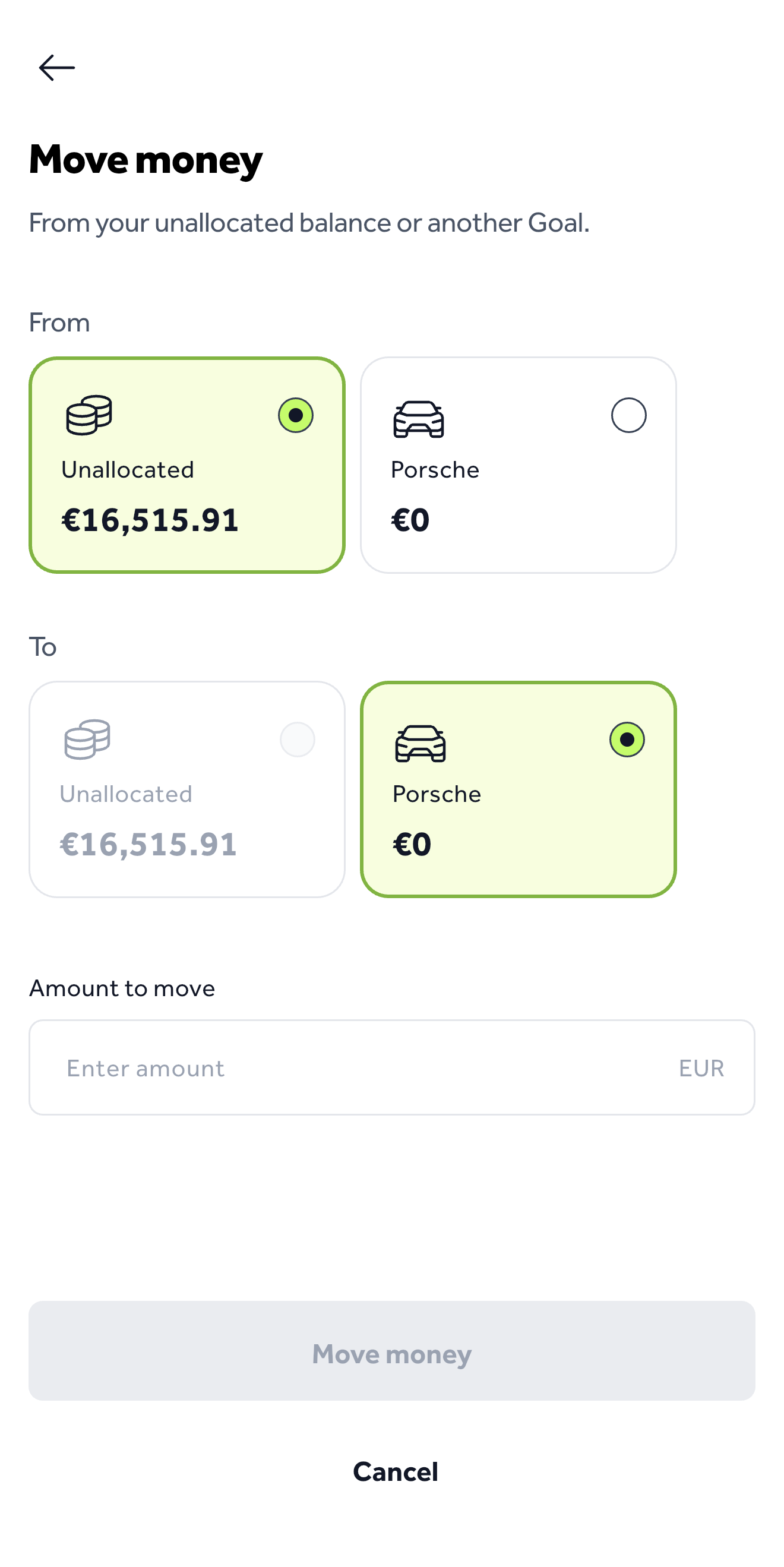 Go and Grow Goals Move money screen showing transfer between Unallocated balance and a Porsche goal