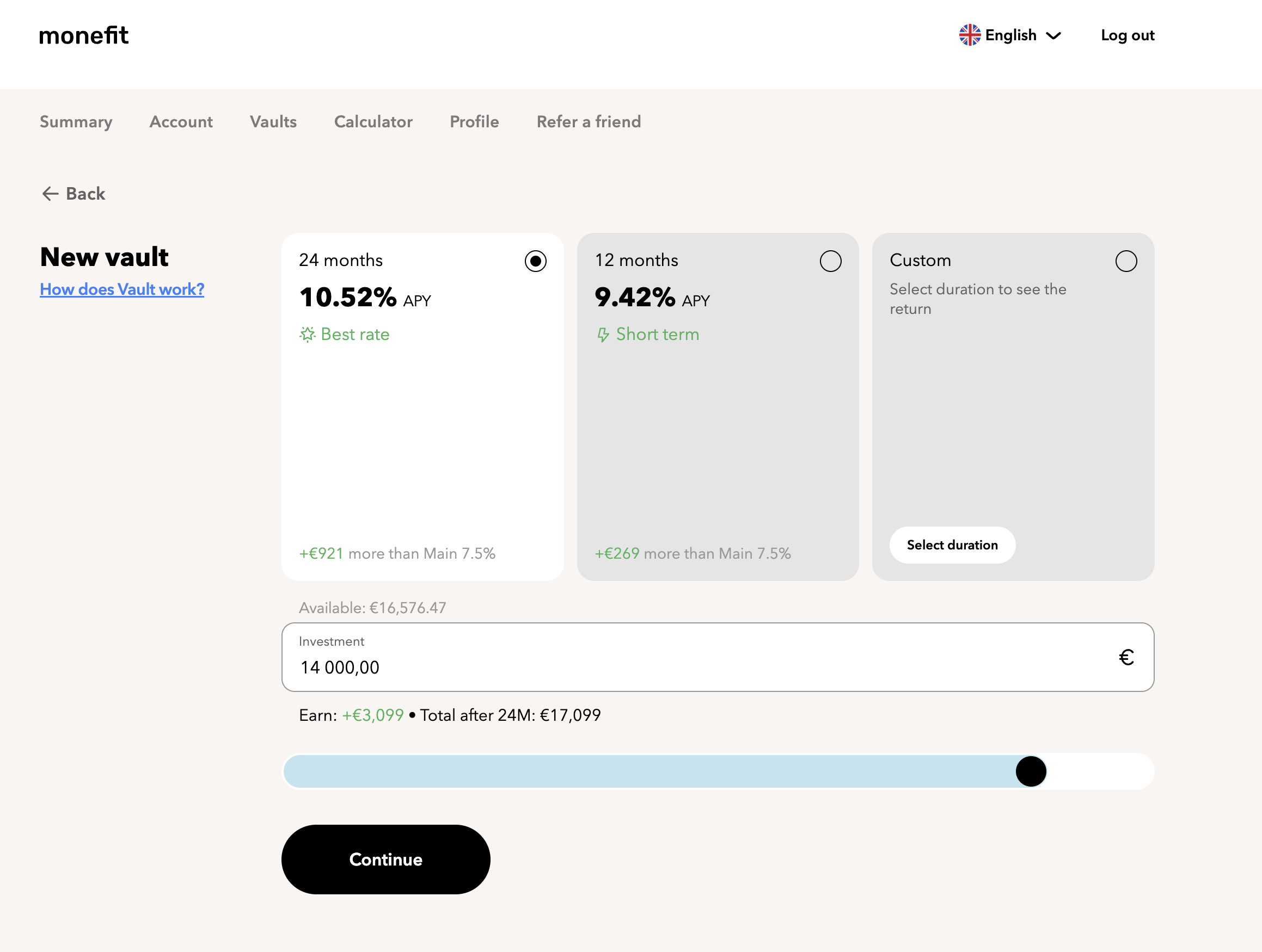 Monefit SmartSaver new Vault creation screen showing 24 months at 10.52% APY as Best rate, 12 months at 9.42% APY, and a Custom duration option, with a 14,000 euros example earning 3,099 euros over 24 months