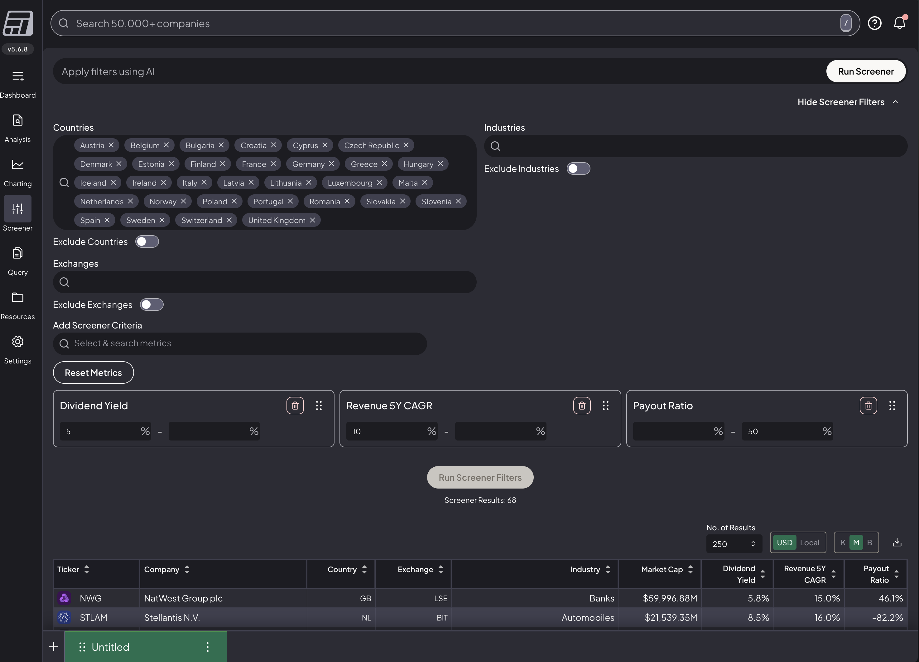 Fiscal AI stock screener with natural language AI filter input and structured criteria including dividend yield, revenue growth, and payout ratio