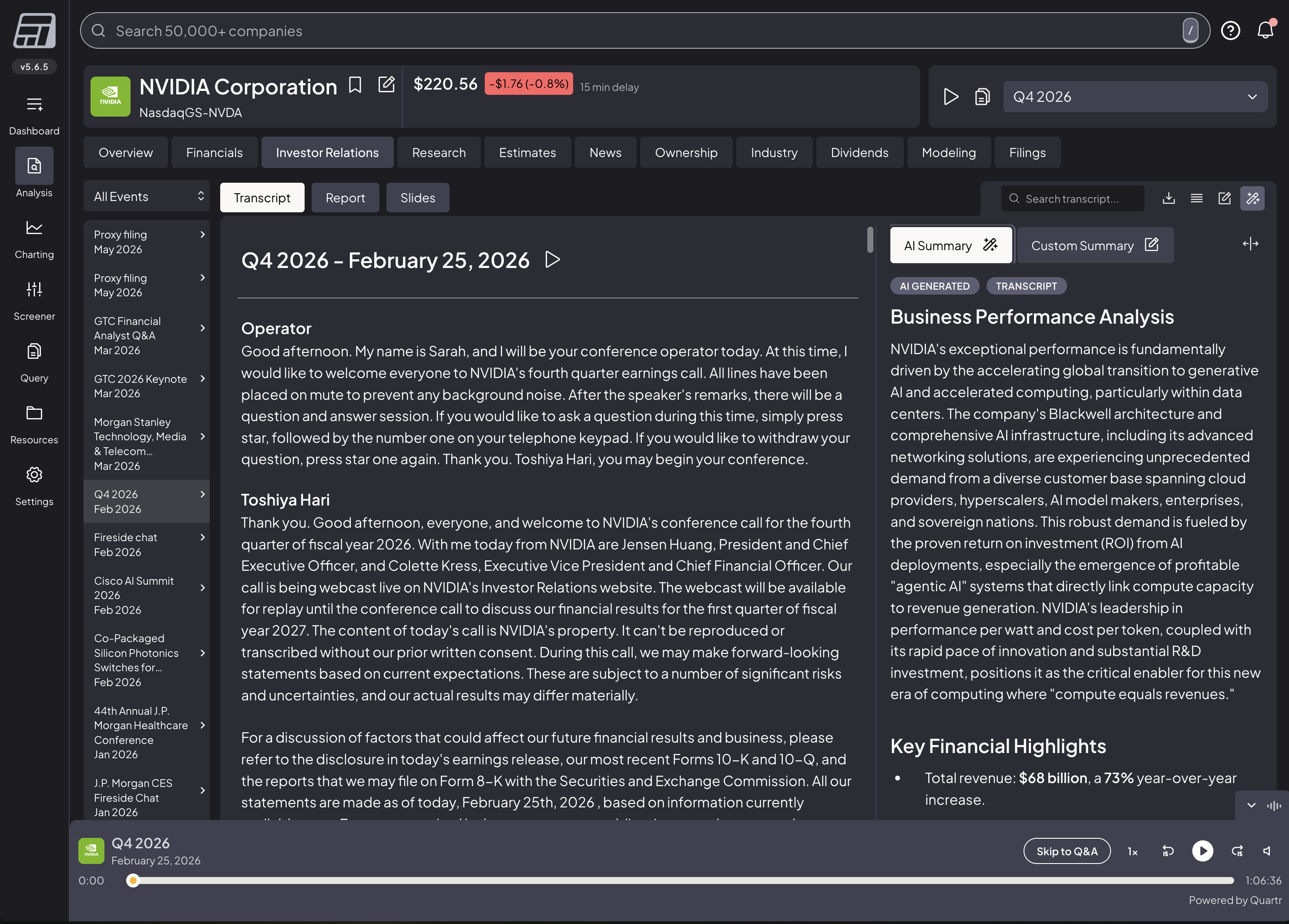 Fiscal AI Copilot generating an AI summary of NVIDIA Q4 2026 earnings call transcript with business performance analysis