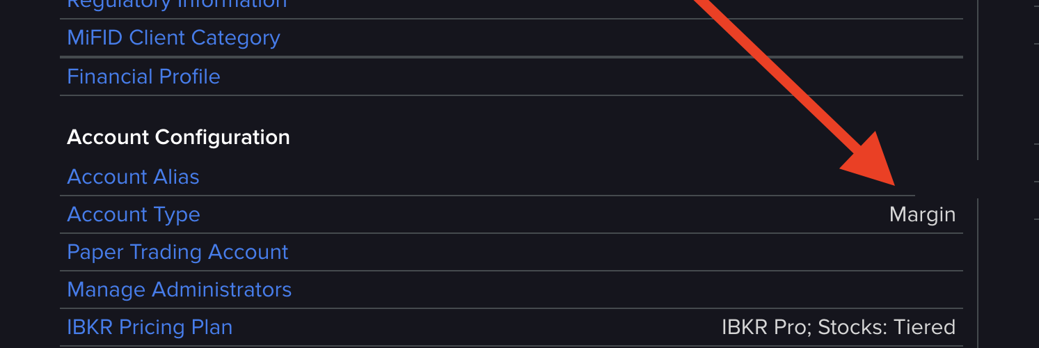 Interactive Brokers account settings showing Account Type set to Margin and IBKR Pro pricing plan