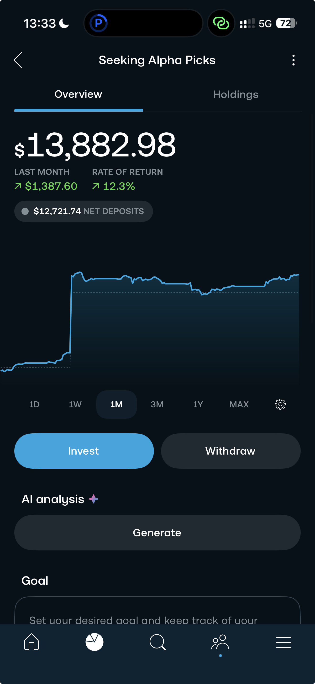 A Trading 212 pie named Seeking Alpha Picks with a current value of 13,882.98 dollars