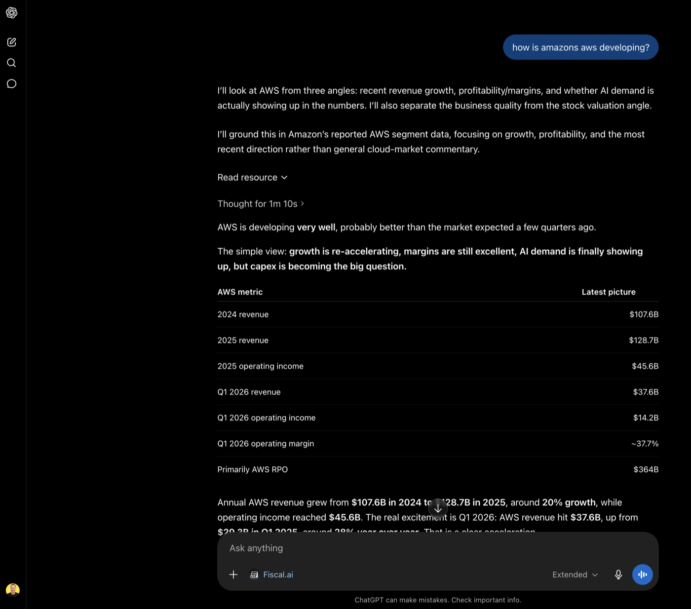 Fiscal.ai app answering an AWS question inside ChatGPT, returning a table of AWS segment revenue, operating income and operating margin
