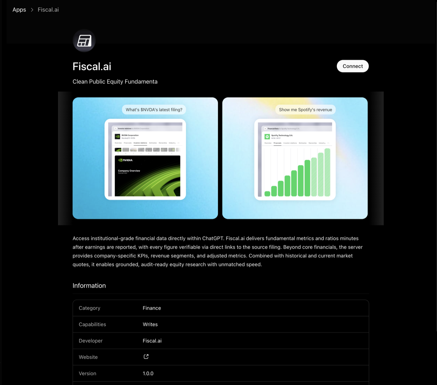 Fiscal.ai listed as an official app in the ChatGPT apps directory, with a Connect button and sample financial-data prompts