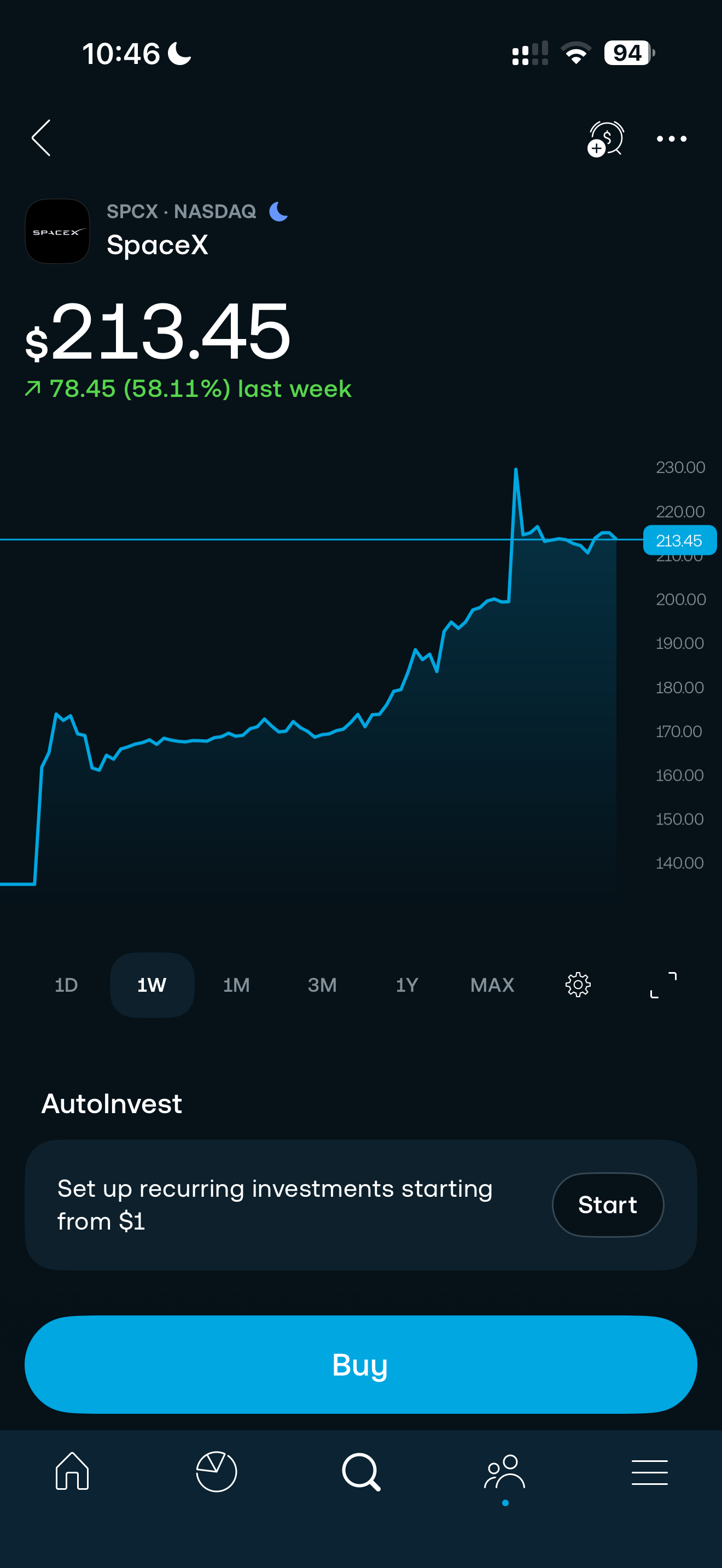 SPCX (SpaceX) on the Trading 212 app with a Buy button