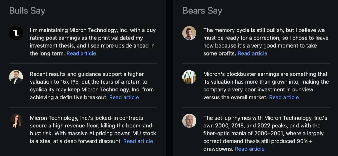 Seeking Alpha Bulls Say and Bears Say summary box for Micron, listing the strongest arguments on each side