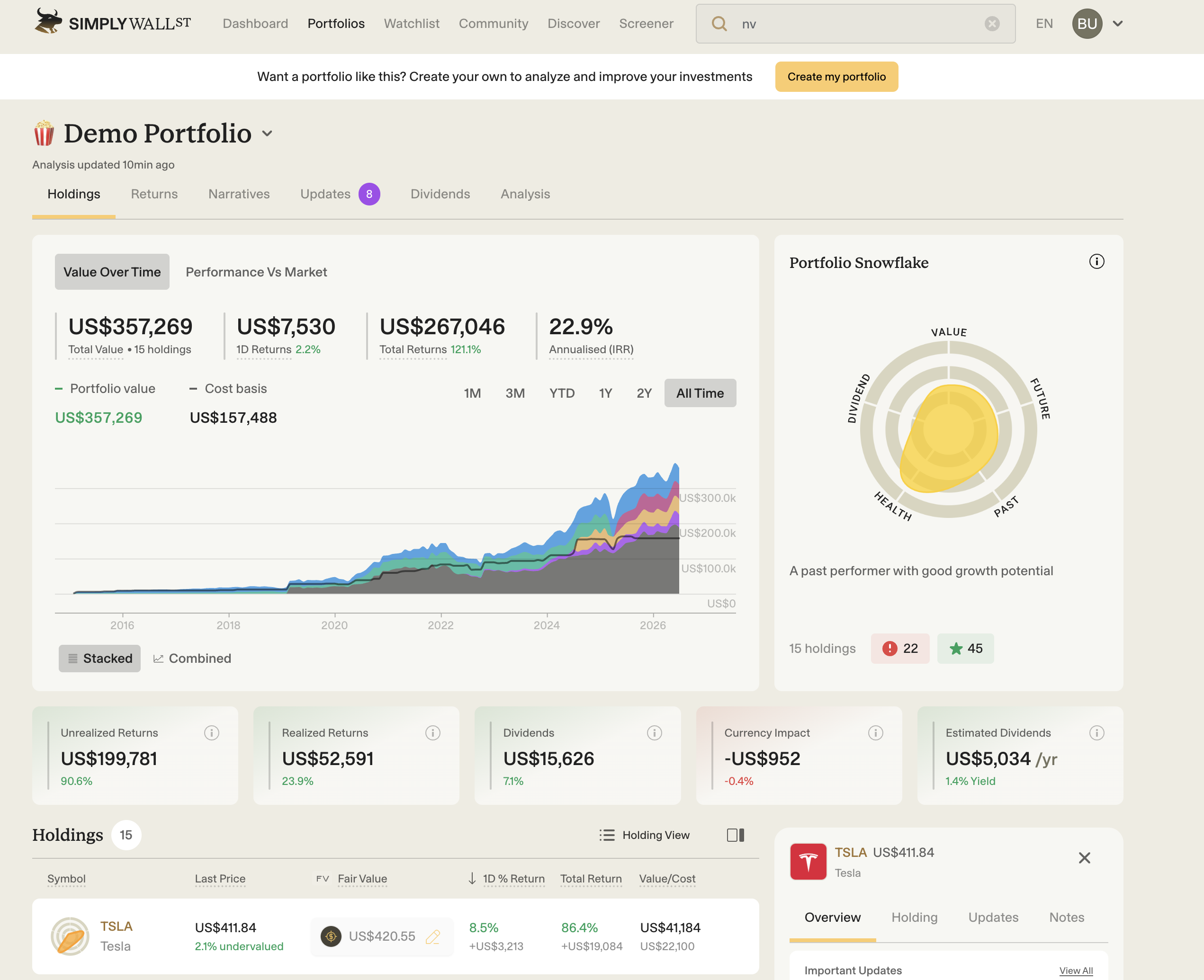 Simply Wall St portfolio view with portfolio Snowflake and annualised return
