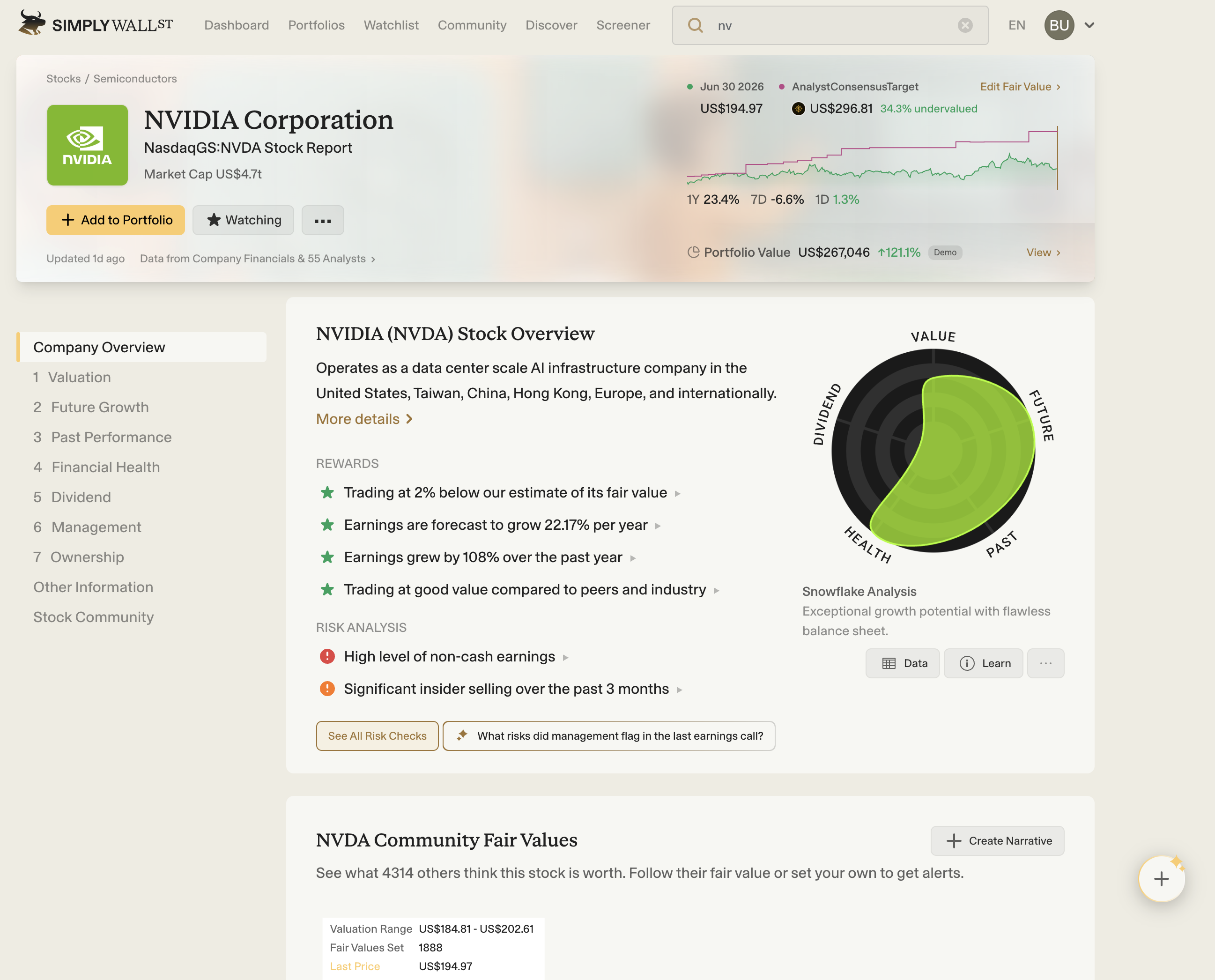 Simply Wall St company report for Nvidia showing the Snowflake analysis