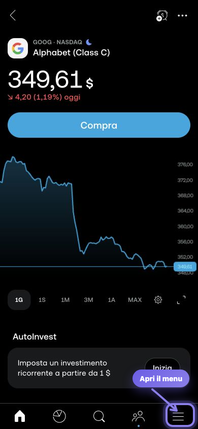 Passaggio 1: schermata completa dell'app Trading 212 con il menu in basso a destra evidenziato