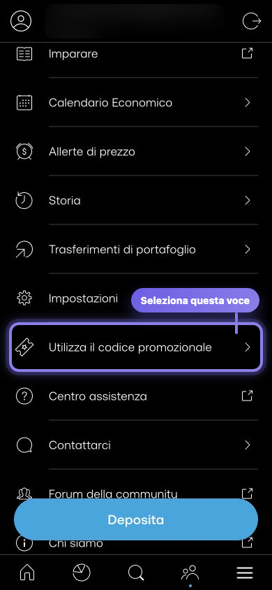 Passaggio 2: voce Utilizza il codice promozionale evidenziata nell'app Trading 212 in italiano