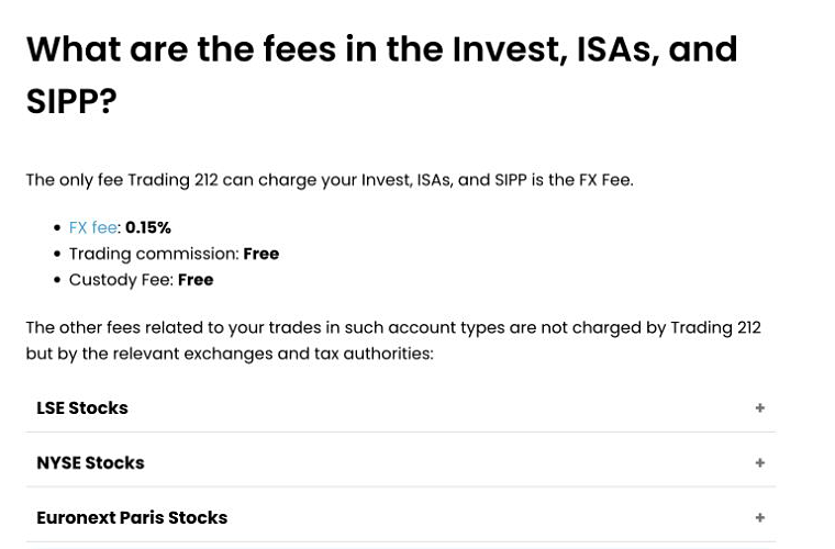 Trading 212 help page listing no trading commission, no custody fee, and a 0.15% FX fee for Invest, ISA, and SIPP accounts.